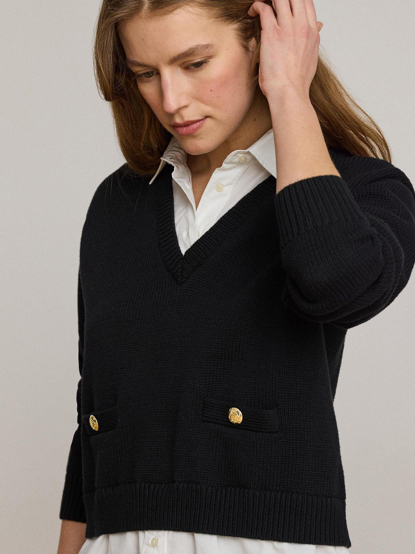 Image 3 of 4 of Lauren by Ralph Lauren Layered Button-Trim Cotton Jumper - Black/White