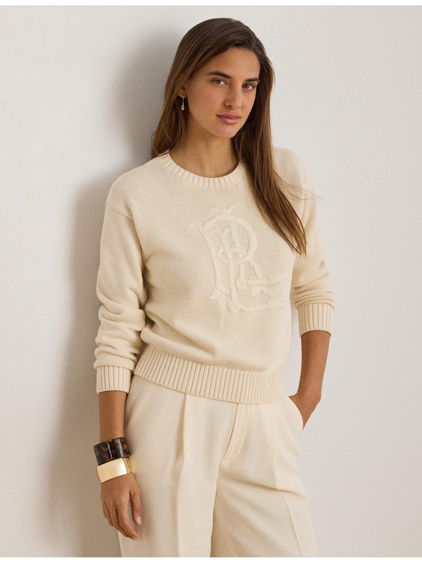 Lauren by Ralph Lauren Embroidered-Logo Combed Cotton Jumper, Cream, Size Xs, Women