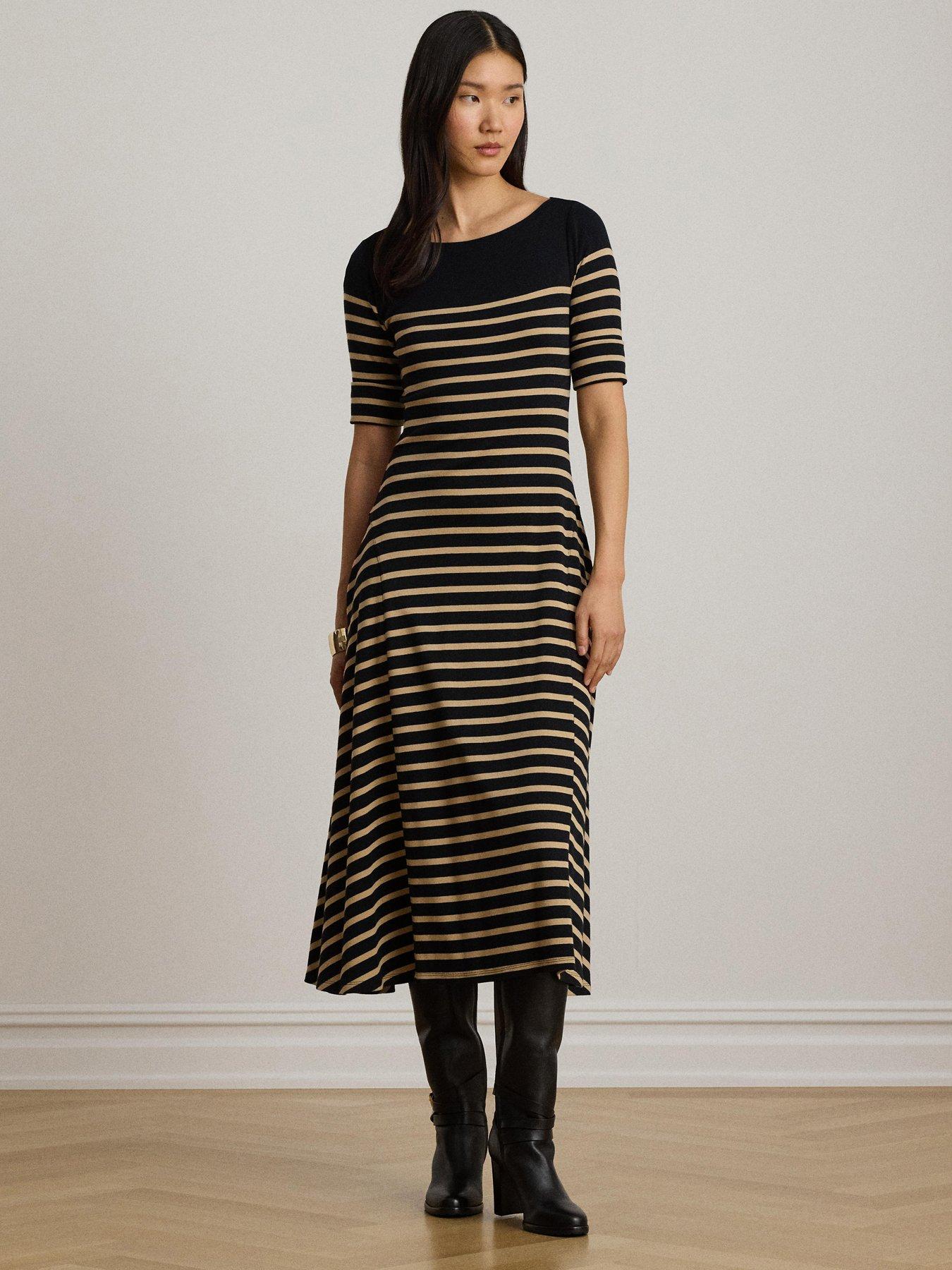 Image 1 of 4 of Lauren by Ralph Lauren Breton&nbsp;Stripe Cotton Ribbed Knit Midi Dress - Black