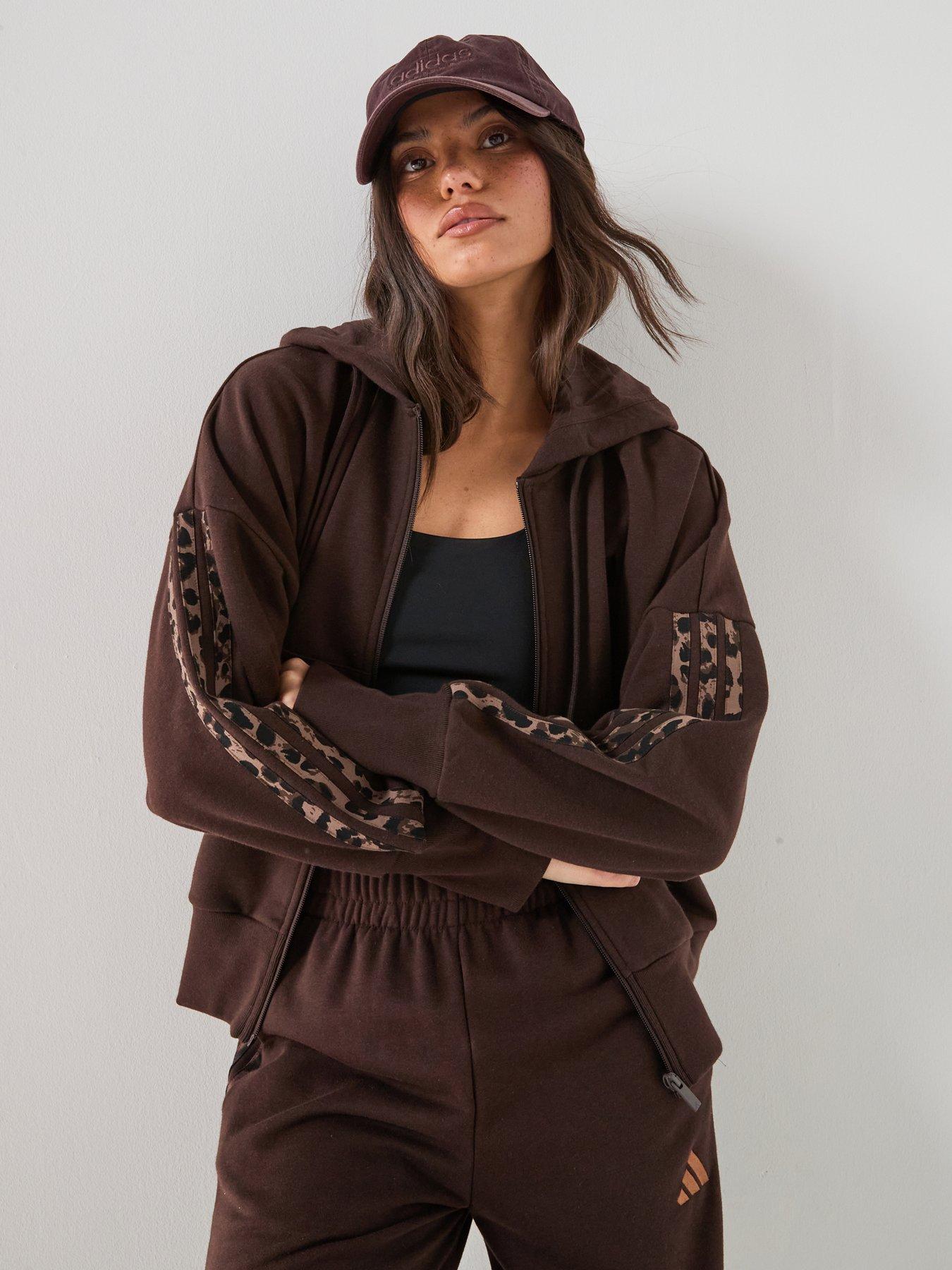 adidas Sportswear Womens Essentials Animal Print 3-Stripes Full-Zip Hooded Track Top - Brown