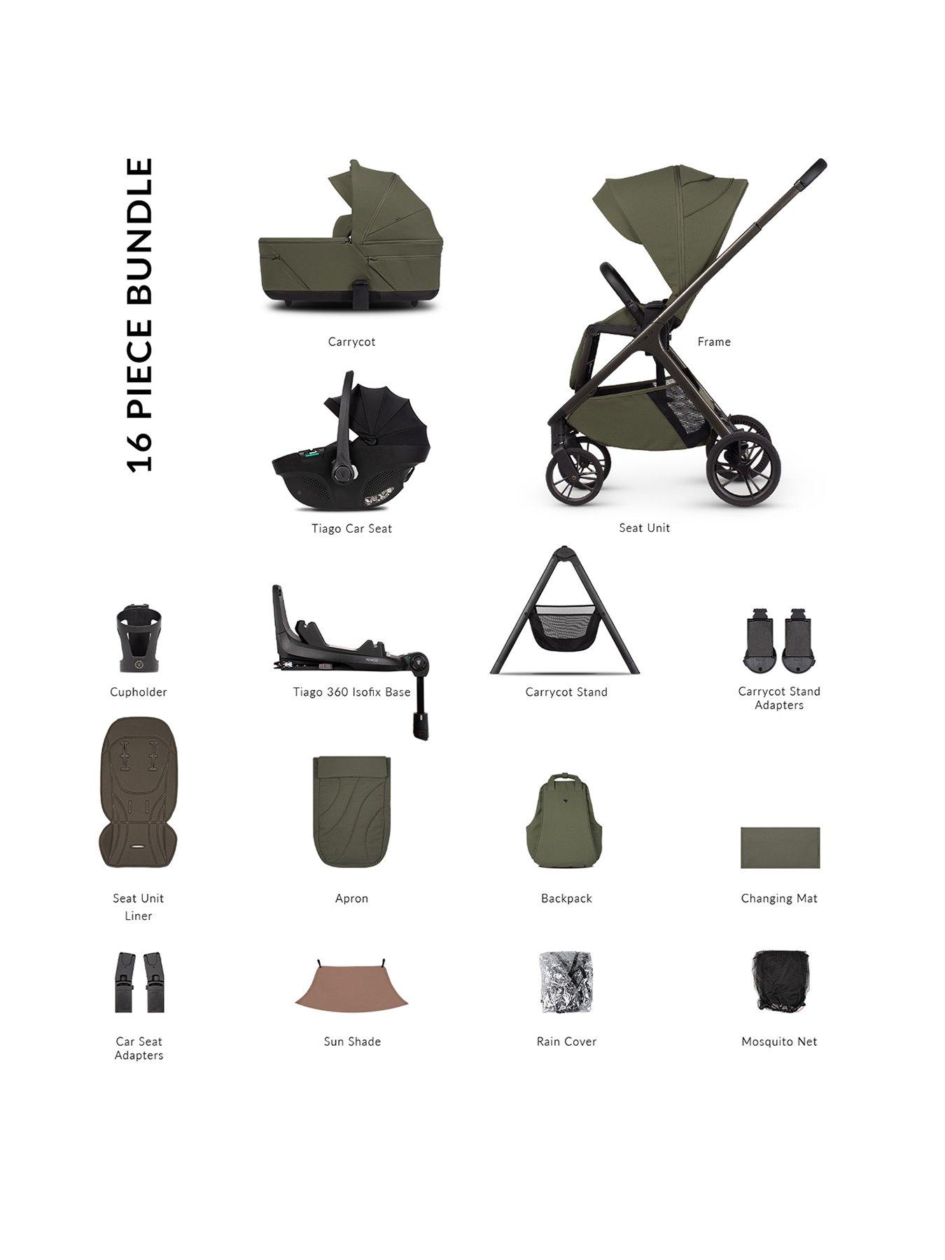 Venicci Tila 4in1 Plus Bundle Travel System with Tiago Black Car Seat and 360 Base - Olive