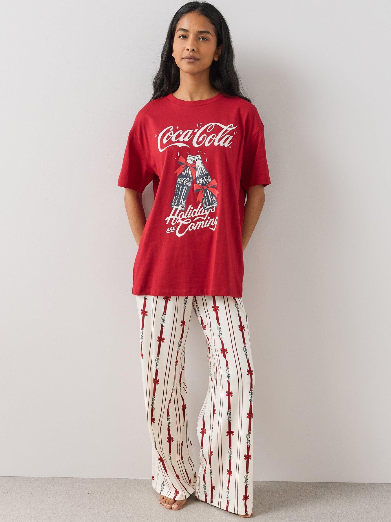Image 1 of 6 of The Very Collection Womens Coca Cola Oversized&nbsp;Christmas Print Wide Leg Pyjama Set - Burgundy