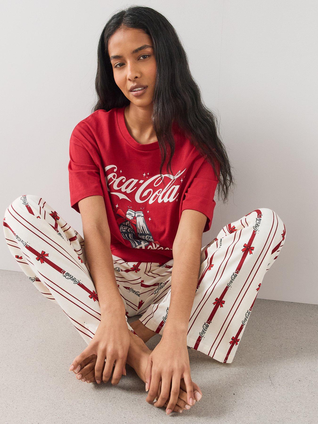 Image 3 of 6 of The Very Collection Womens Coca Cola Oversized&nbsp;Christmas Print Wide Leg Pyjama Set - Burgundy