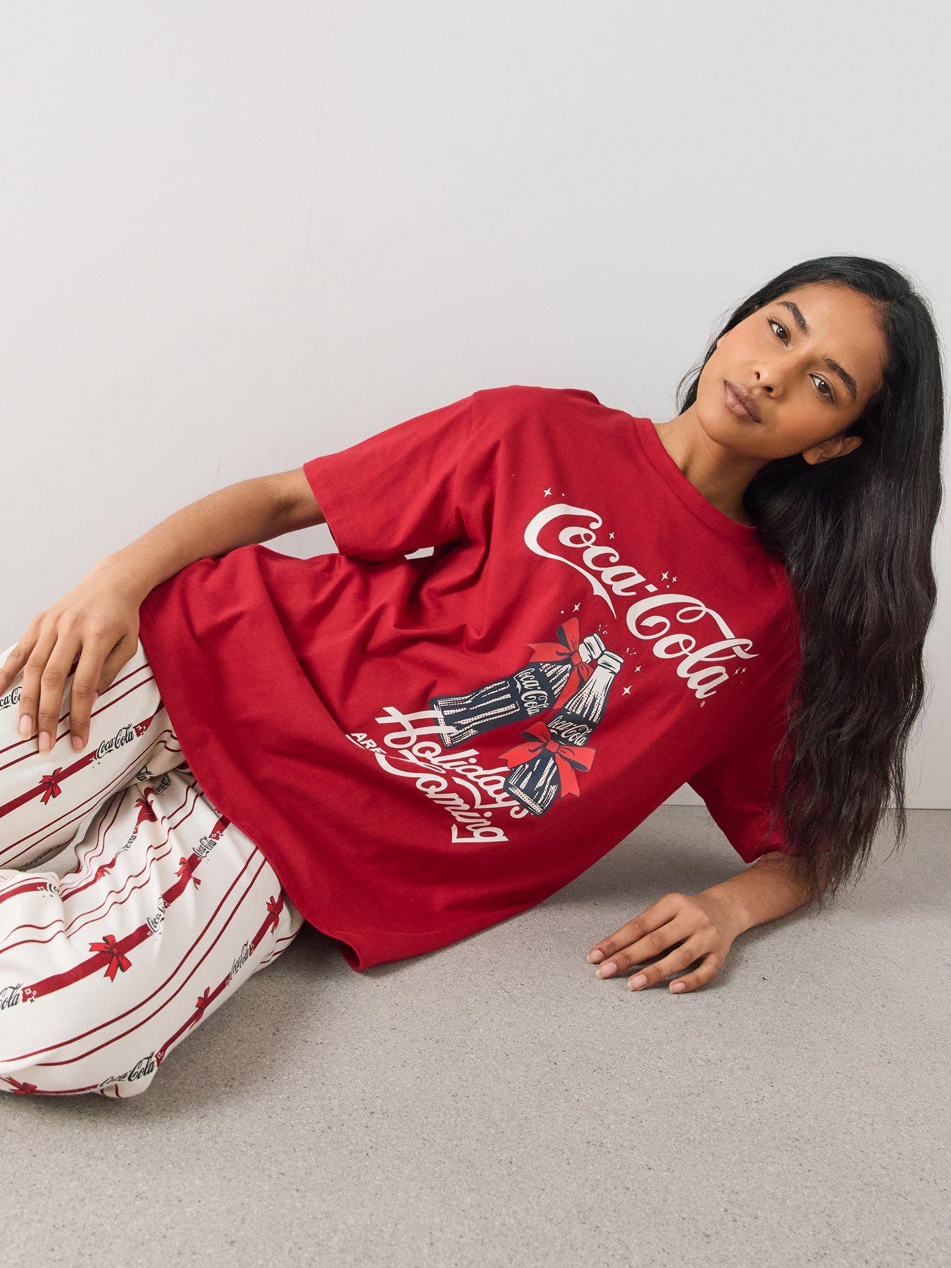 Image 4 of 6 of The Very Collection Womens Coca Cola Oversized&nbsp;Christmas Print Wide Leg Pyjama Set - Burgundy
