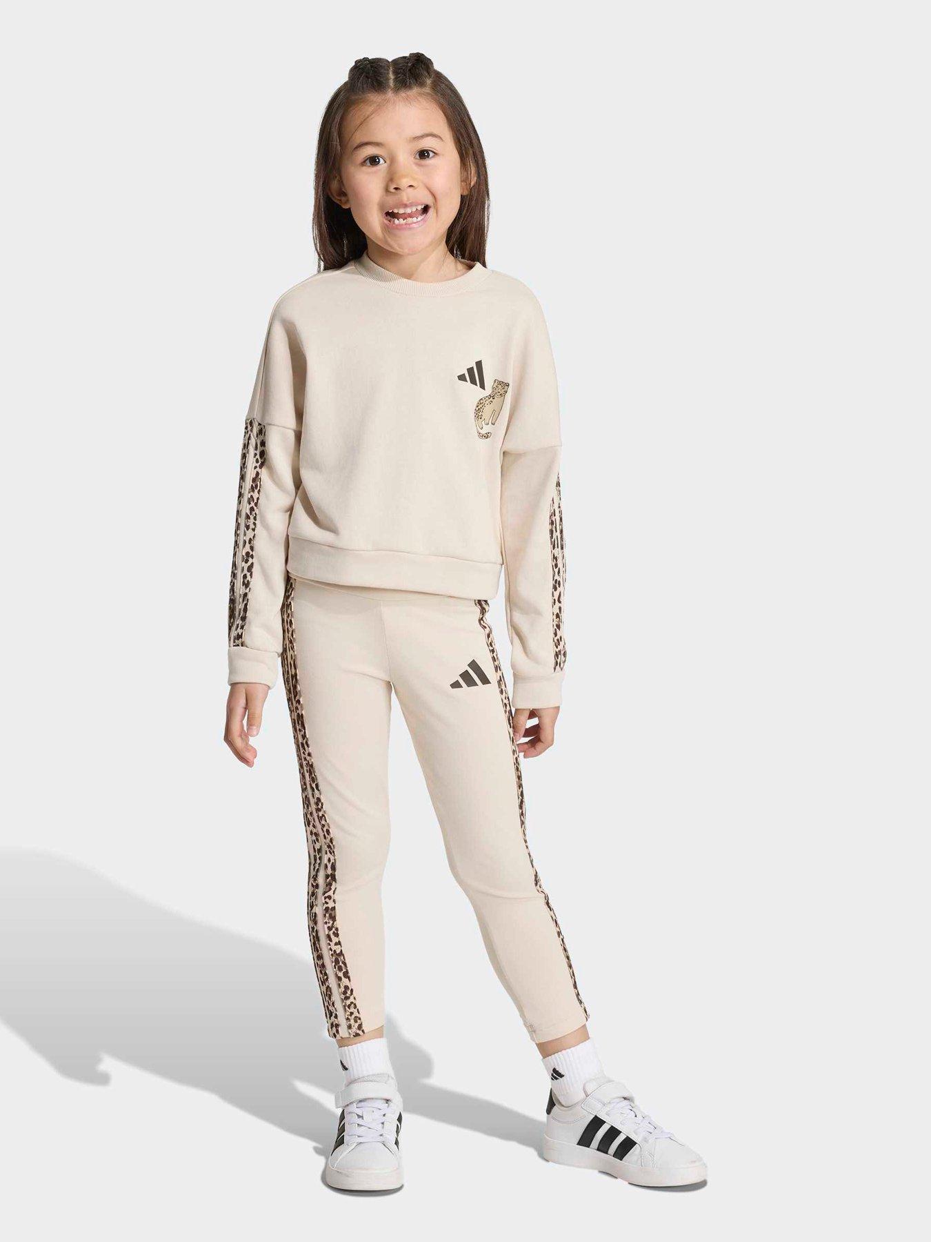 Image 1 of 7 of adidas Sportswear Girls 3 Stripe Sweat Set - Beige