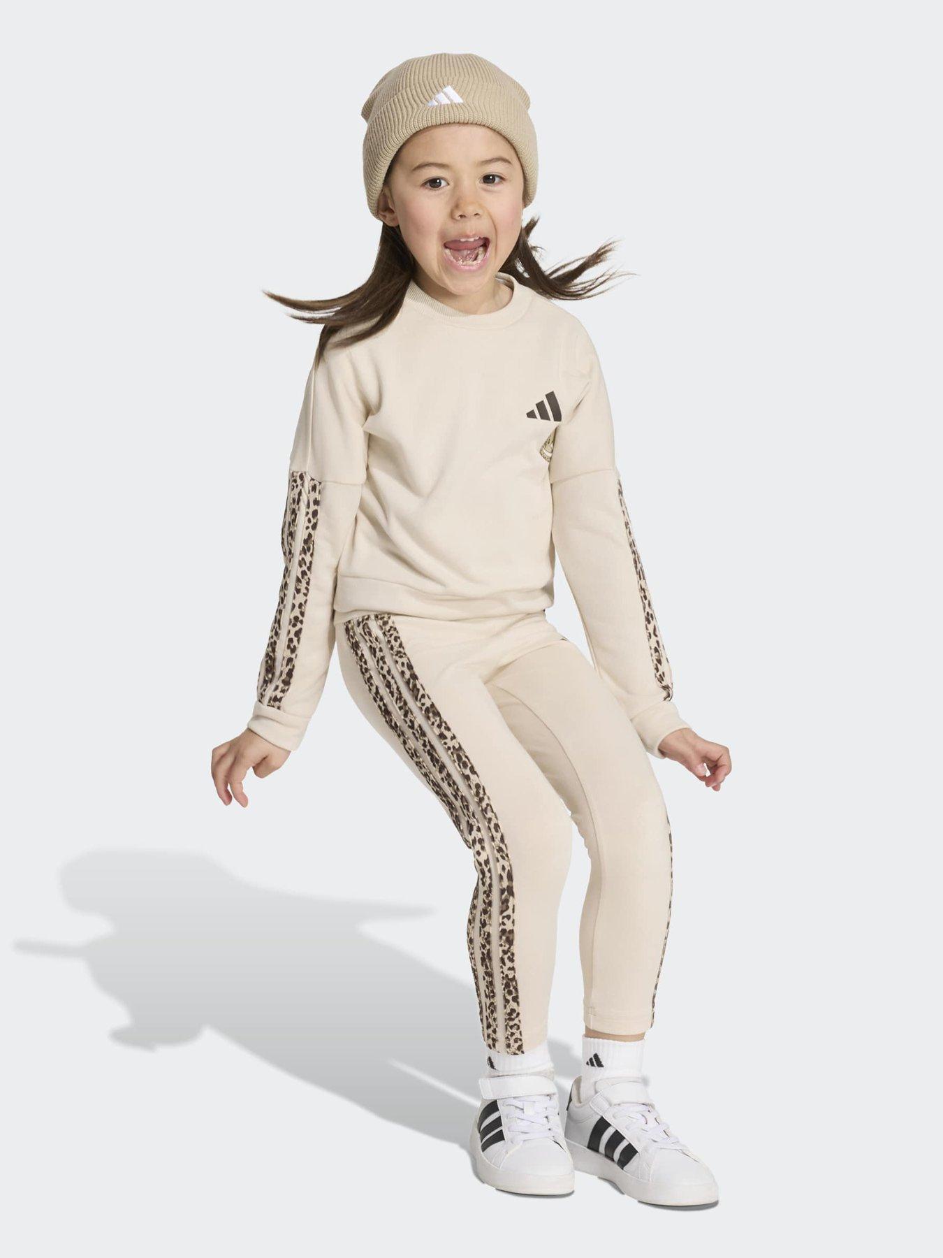 Image 3 of 7 of adidas Sportswear Girls 3 Stripe Sweat Set - Beige