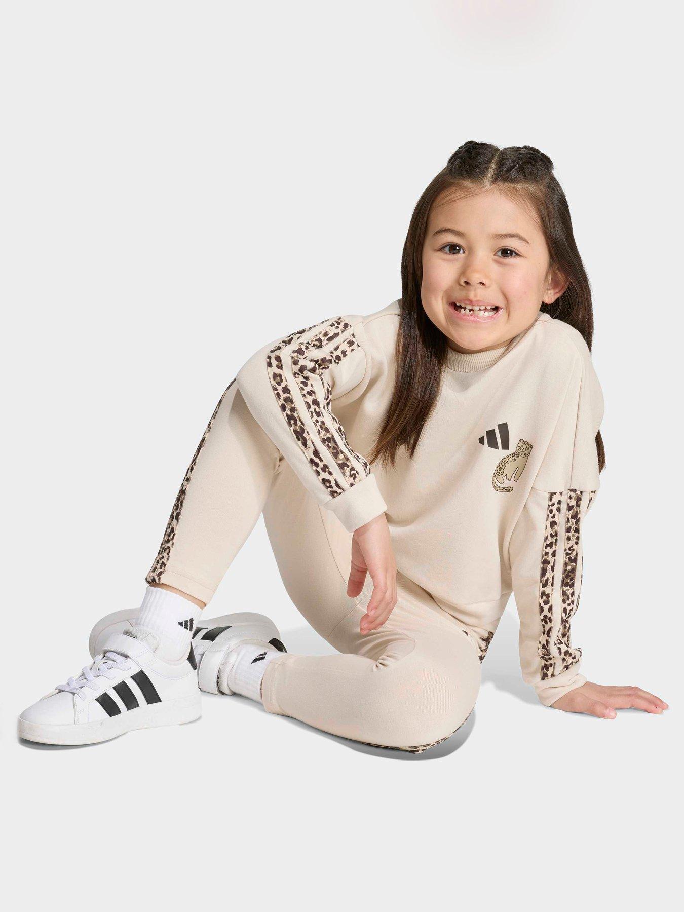 Image 4 of 7 of adidas Sportswear Girls 3 Stripe Sweat Set - Beige