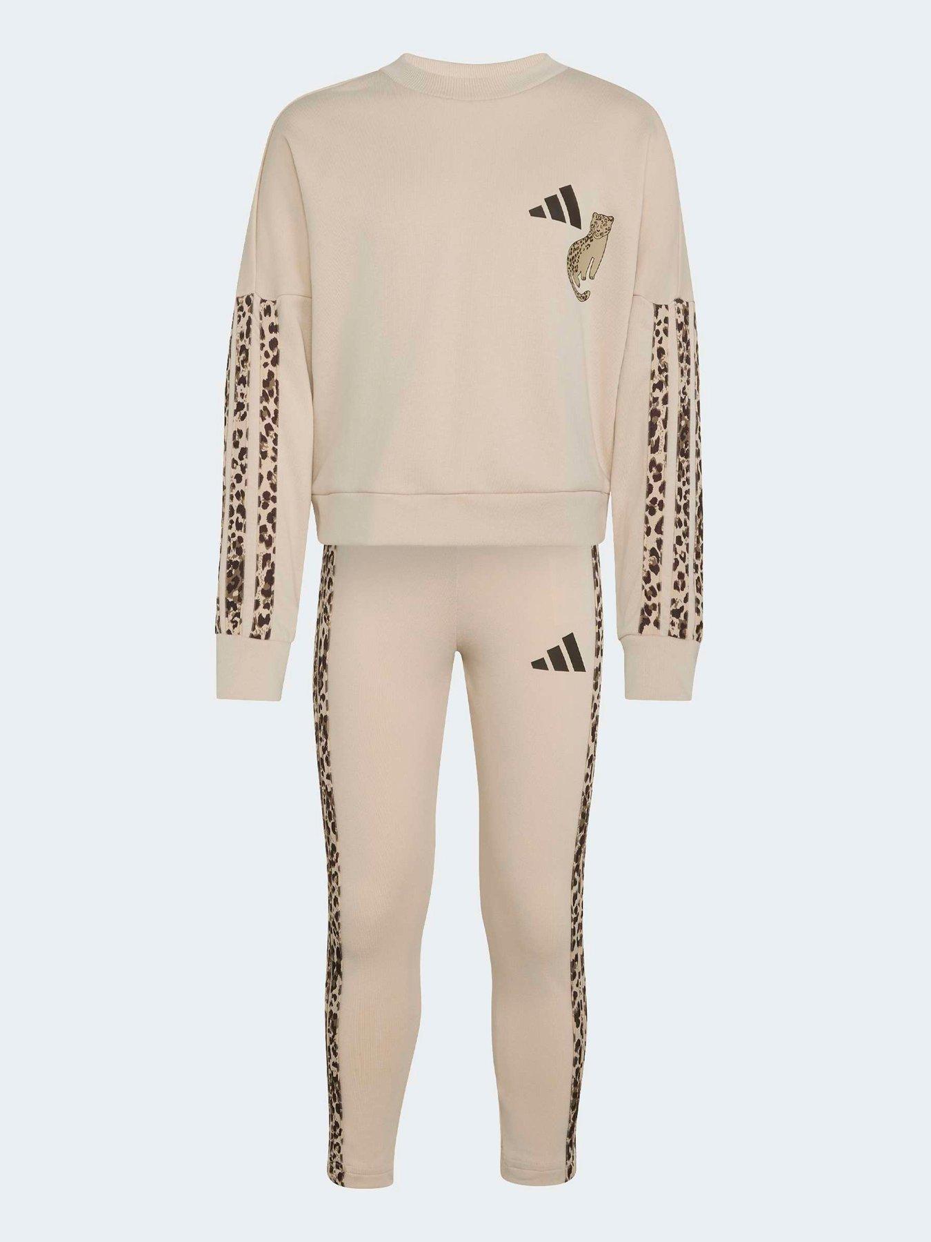 Image 6 of 7 of adidas Sportswear Girls 3 Stripe Sweat Set - Beige
