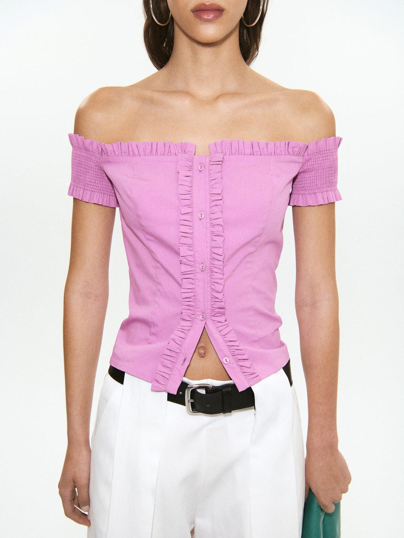 Image 1 of 5 of Mango Starring Hailey Bieber Ruffle Detail Top - Pastel Pink