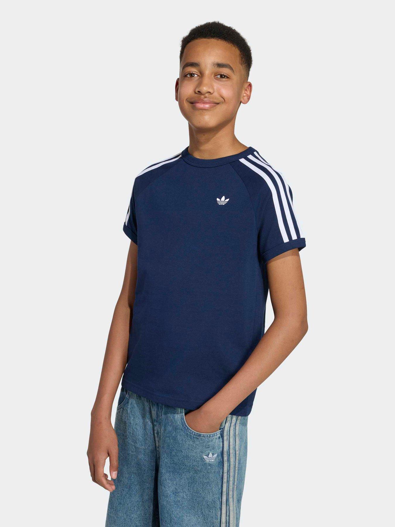 adidas Originals Junior 3 Stripe Tee, Blue, Size 13-14 Years