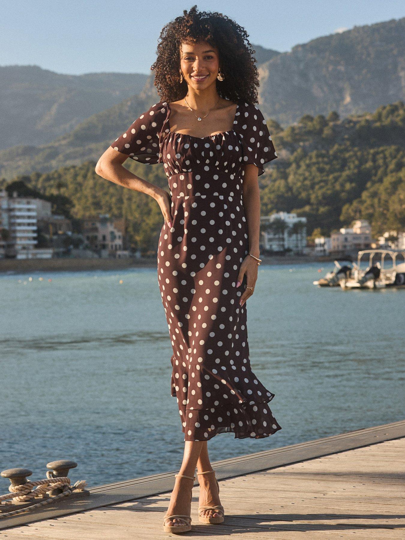 Sosandar Chocolate Brown  &  Cream Spot Print Chiffon Frill Hem Midaxi Dress