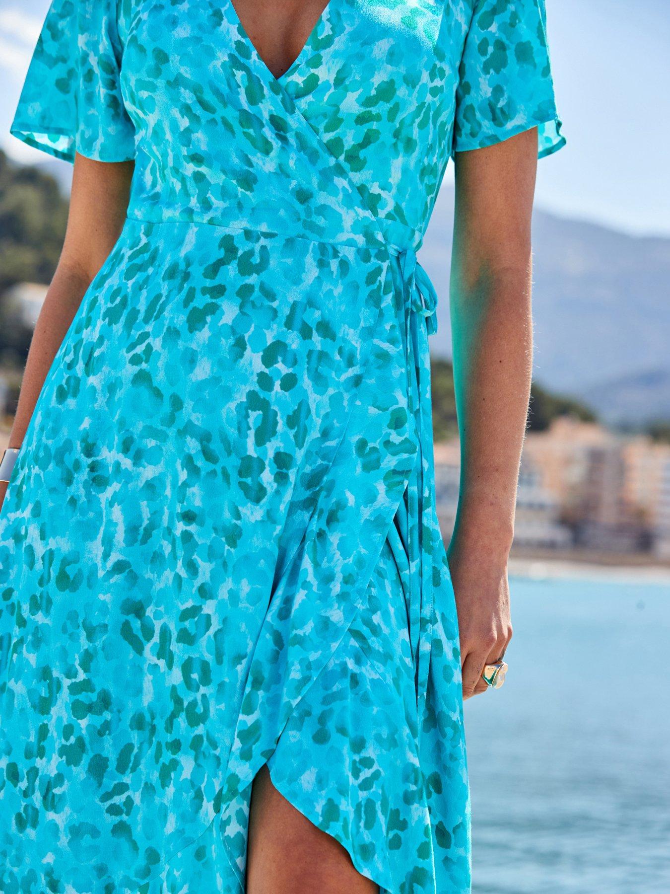 Image 5 of 6 of Sosandar Animal Print Ruffle Hem Wrap Dress - Aqua Blue