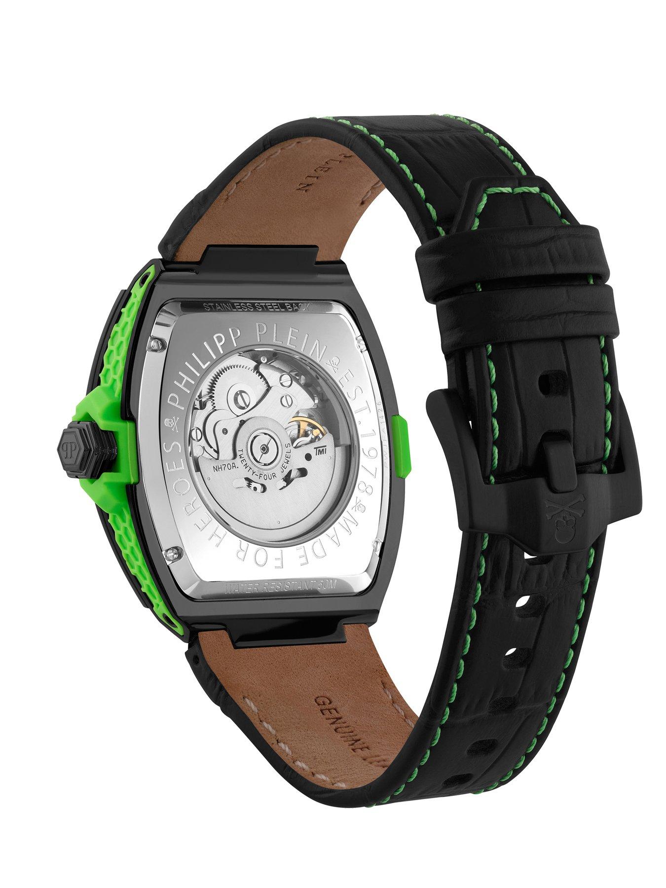 Image 2 of 3 of Philipp Plein PHILIPP PLEIN, THE SKELETON AUTOMATIC IP BLACK CASE, WITH GREEN DIAL AND BLACK LEATHER STRAP