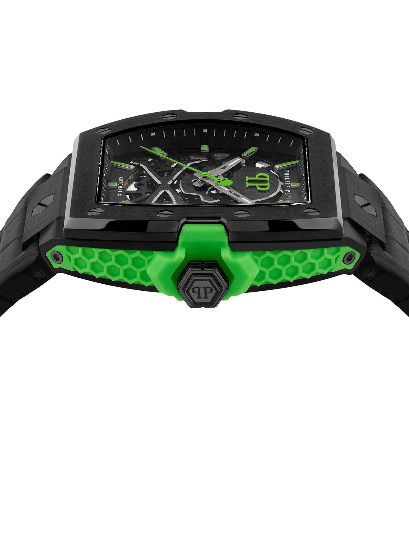 Image 3 of 3 of Philipp Plein PHILIPP PLEIN, THE SKELETON AUTOMATIC IP BLACK CASE, WITH GREEN DIAL AND BLACK LEATHER STRAP