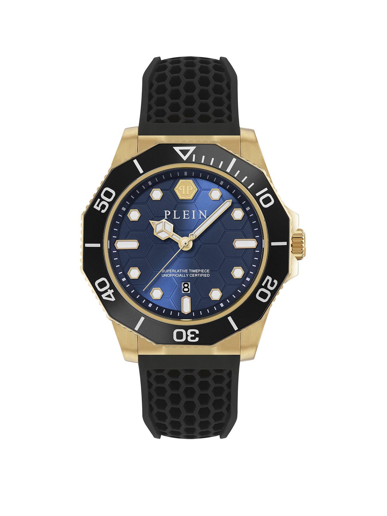 Philipp Plein PHILIPP PLEIN, AQUASTORM 44MM GOLD TONE CASE,  BLACK DIAL AND BLACK SILICONE STRAP