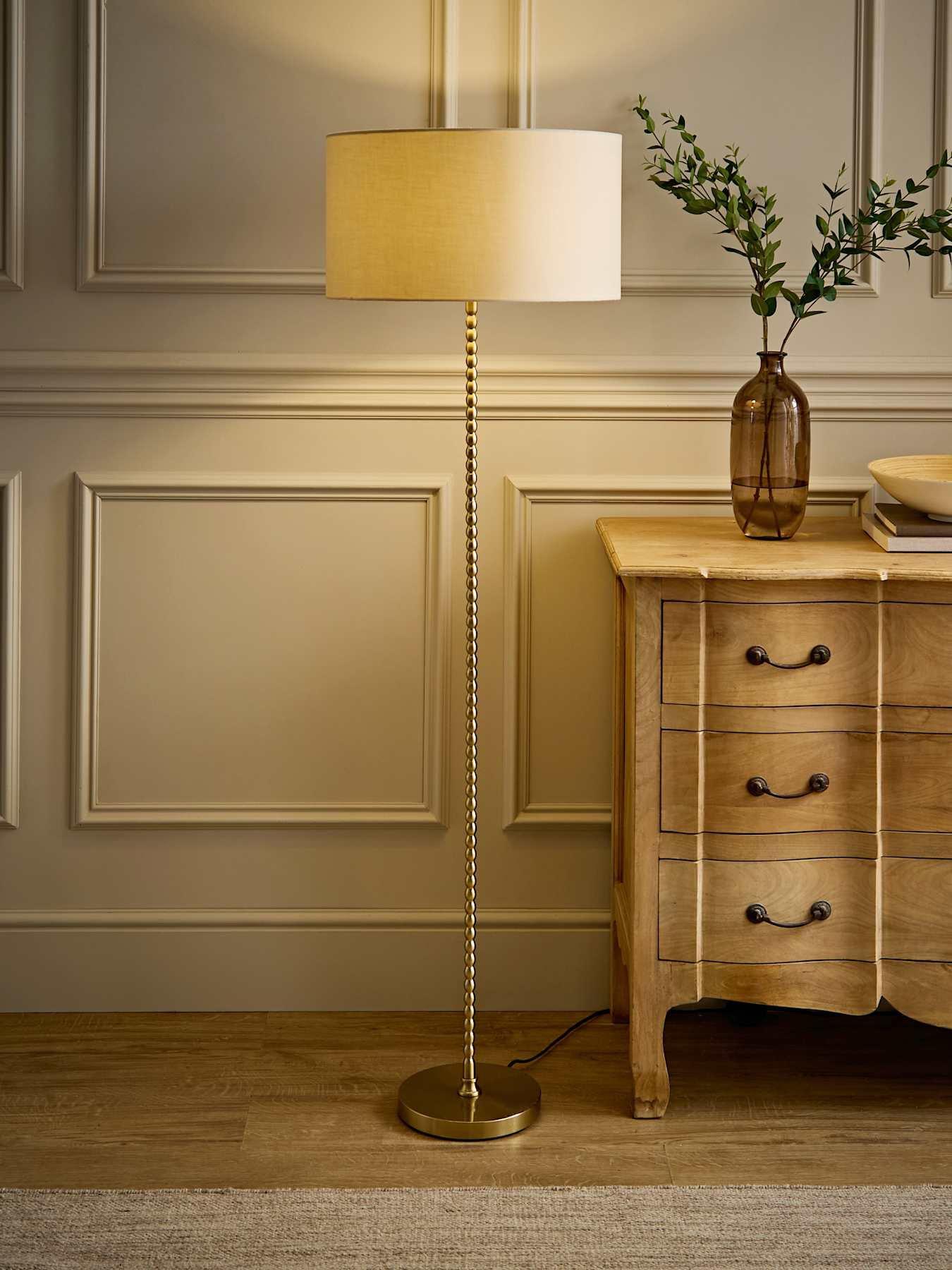 ValueLights Maeve Natural Drum Lamp Shade Brushed Gold Bobbin Bobble Floor Lamp And Bulb