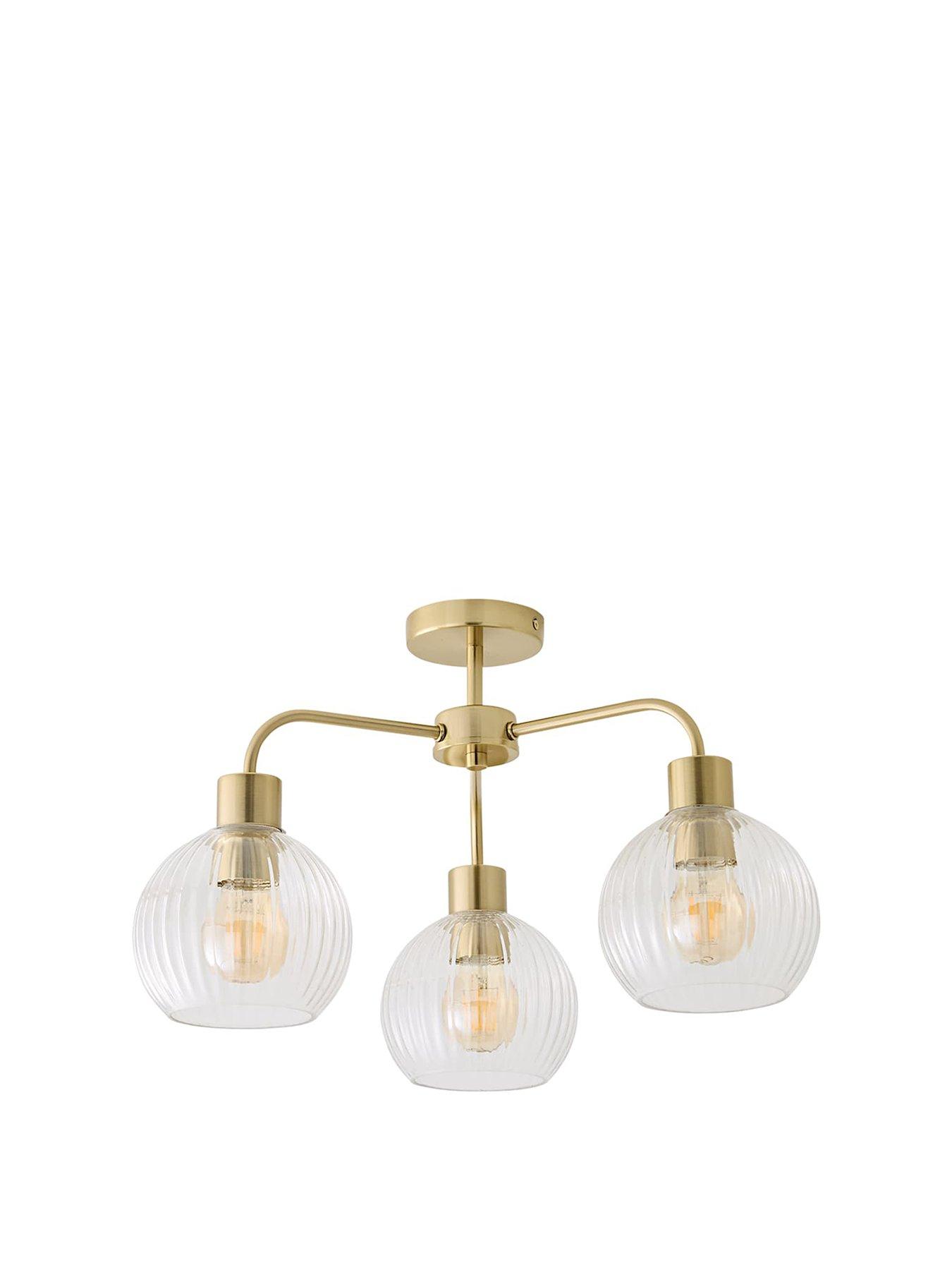 Image 2 of 6 of ValueLights Maddison Clear Ribbed Glass Globe Shades Brushed Gold 3 Arm Ceiling Light