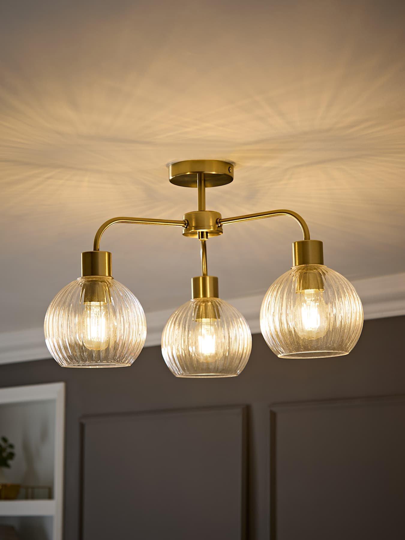 ValueLights Maddison Clear Ribbed Glass Globe Brushed Gold 3 Arm Ceiling Light & Filament Bulbs