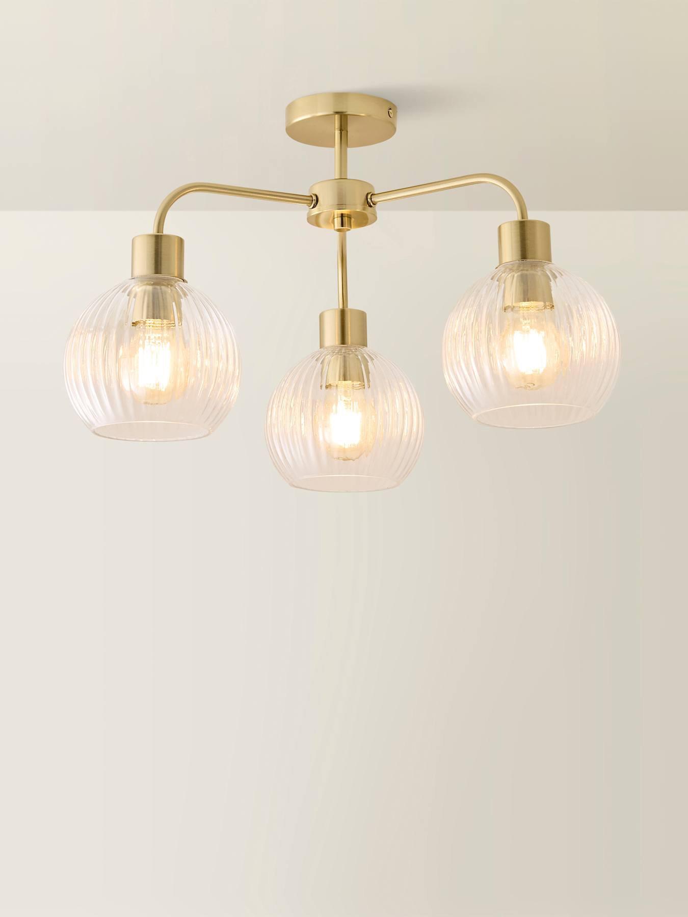Image 6 of 6 of ValueLights Maddison Clear Ribbed Glass Globe Shades Brushed Gold 3 Arm Ceiling Light