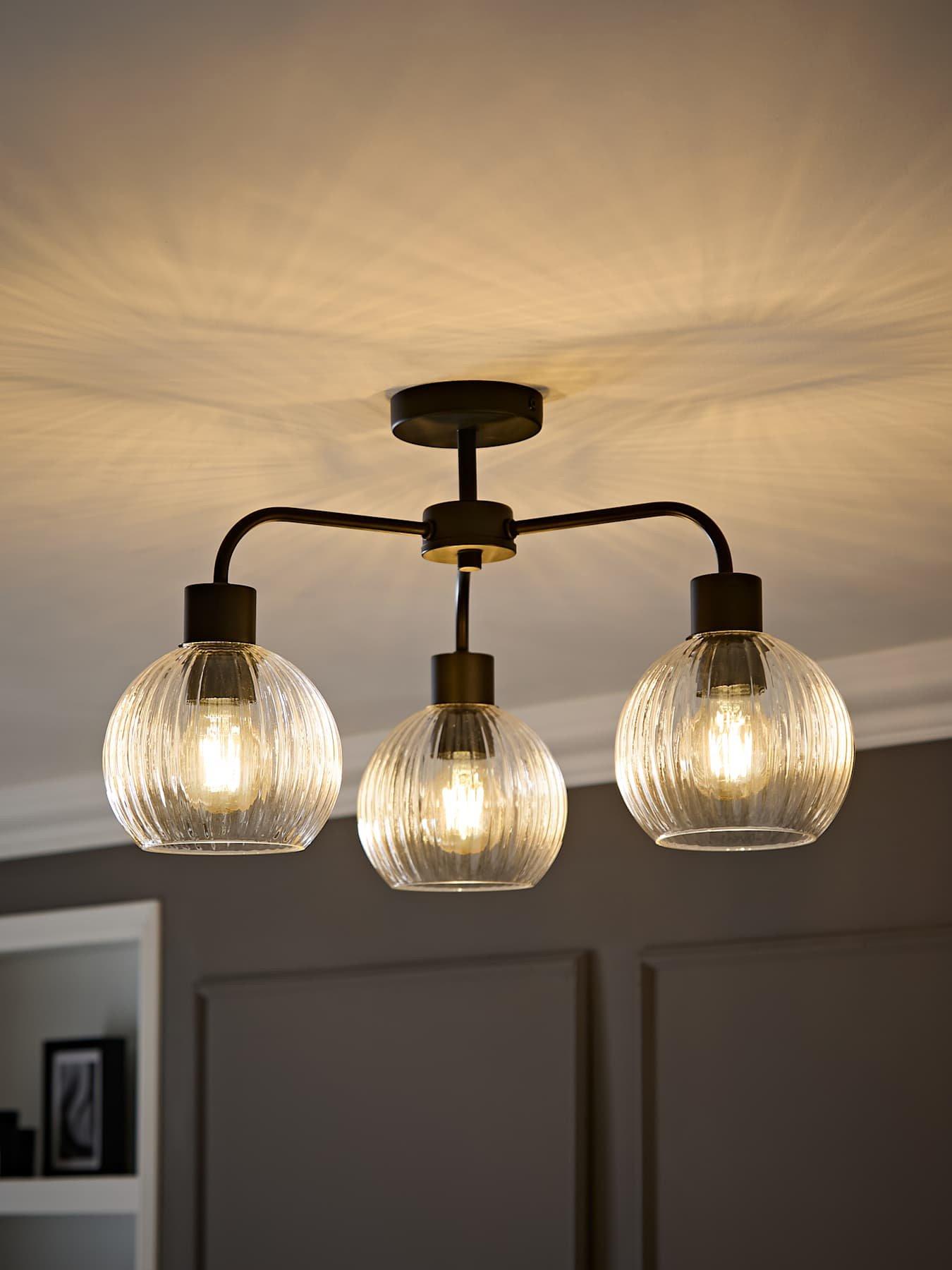 Valuelights Maddison Clear Ribbed Glass Globe Shades Matte Black 3 Arm Ceiling Light - With Bulb