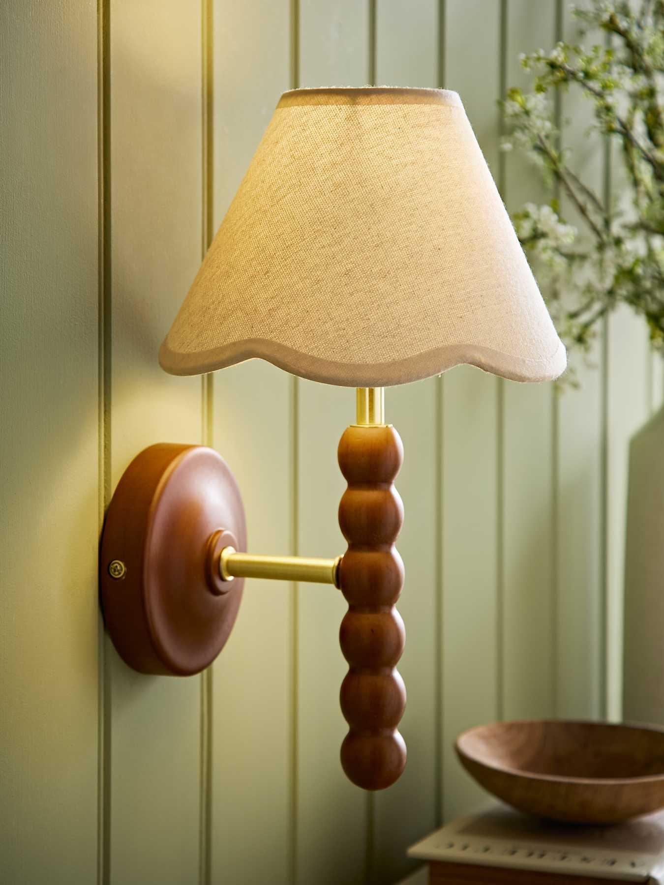 Image 1 of 6 of ValueLights Bobbins Walnut Bobble Wall Light And Natural Trim Linen Lamp Shade
