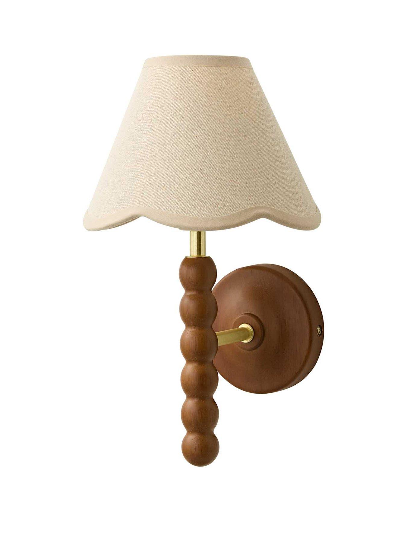 Image 2 of 6 of ValueLights Bobbins Walnut Bobble Wall Light And Natural Trim Linen Lamp Shade