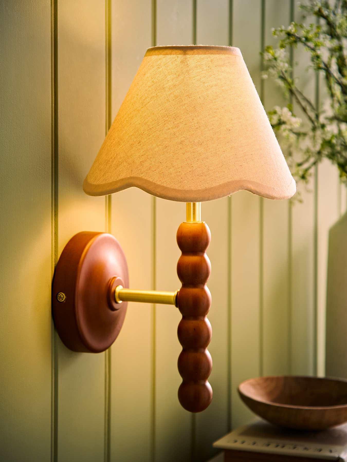 Image 5 of 6 of ValueLights Bobbins Walnut Bobble Wall Light And Natural Trim Linen Lamp Shade