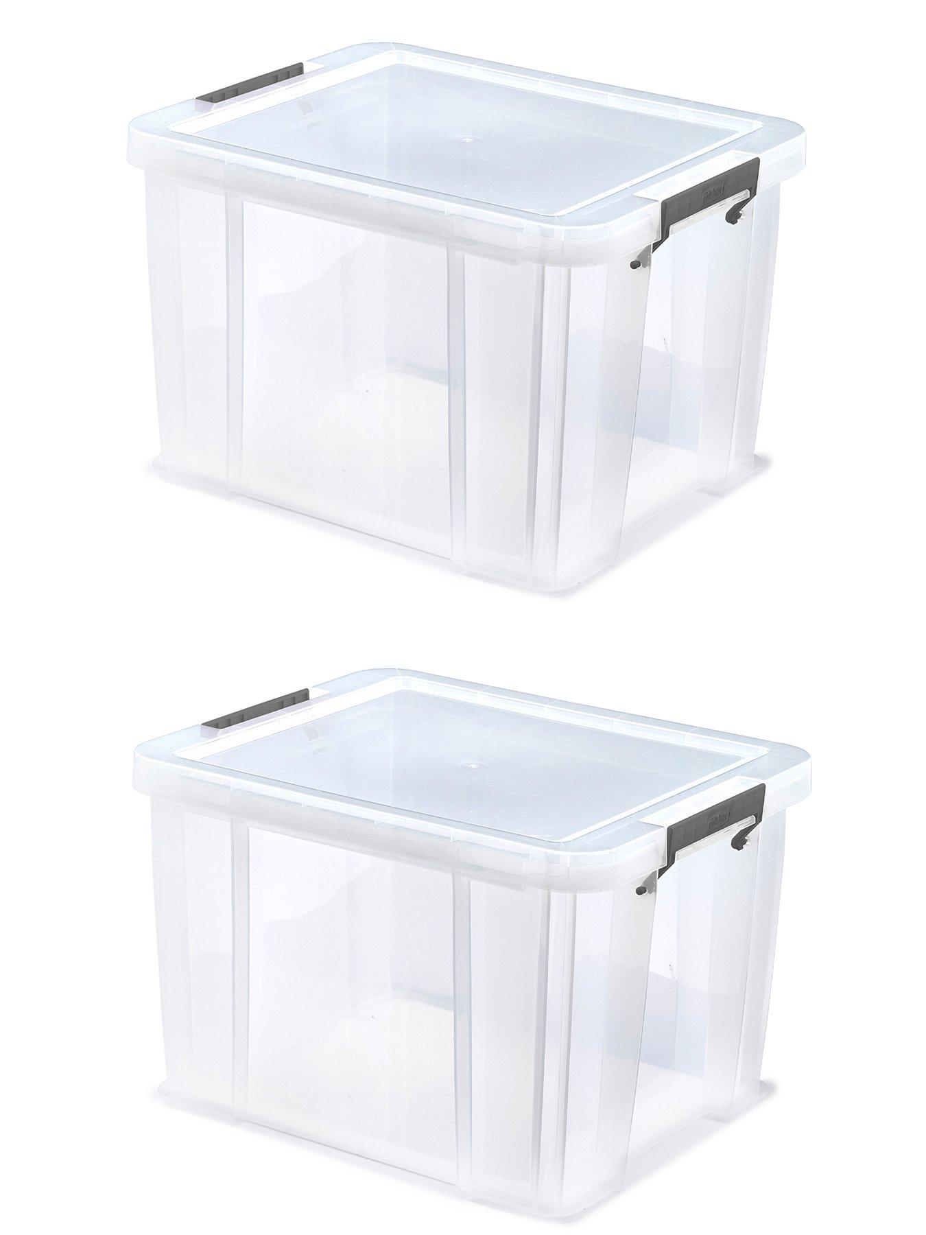 Whitefurze Allstore Set Of 2 Plastic Storage Boxes 36l With Clip Lock Lids  &  Silver Clamps