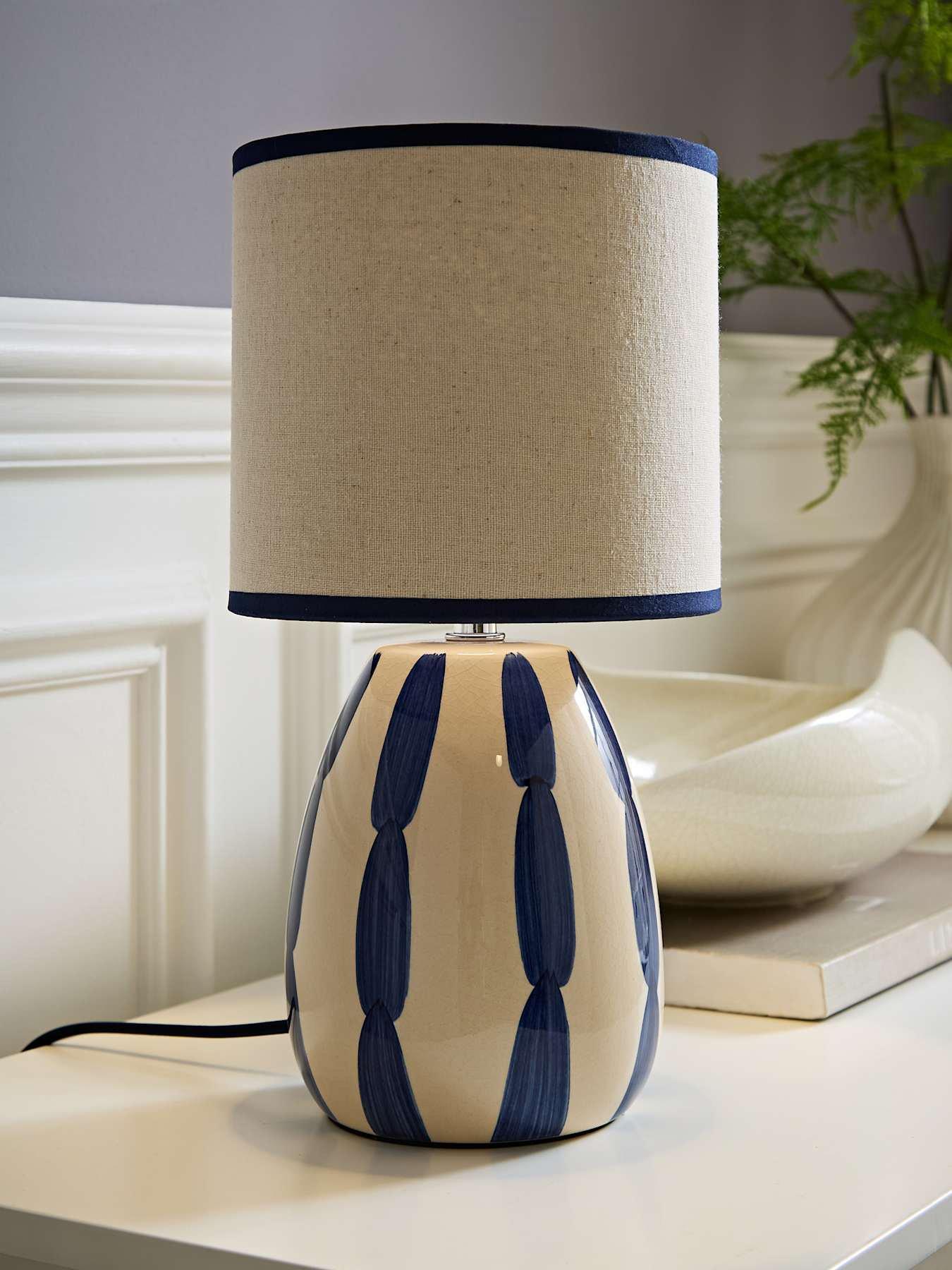 Image 1 of 6 of ValueLights Brynn Natural And Navy Ceramic Stripe Table Lamp