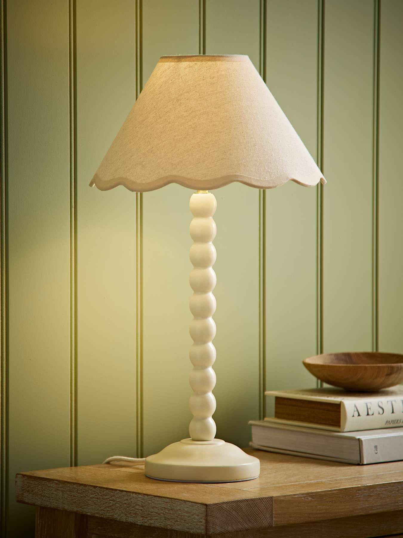 ValueLights Bobbin Natural Trim Linen Shade Cream Bobble Table Lamp