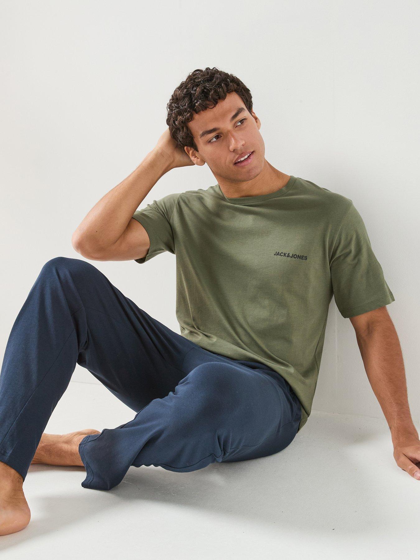 Image 1 of 6 of Jack & Jones Everest T-Shirt And Trousers Pyjama Set - Khaki/Blue