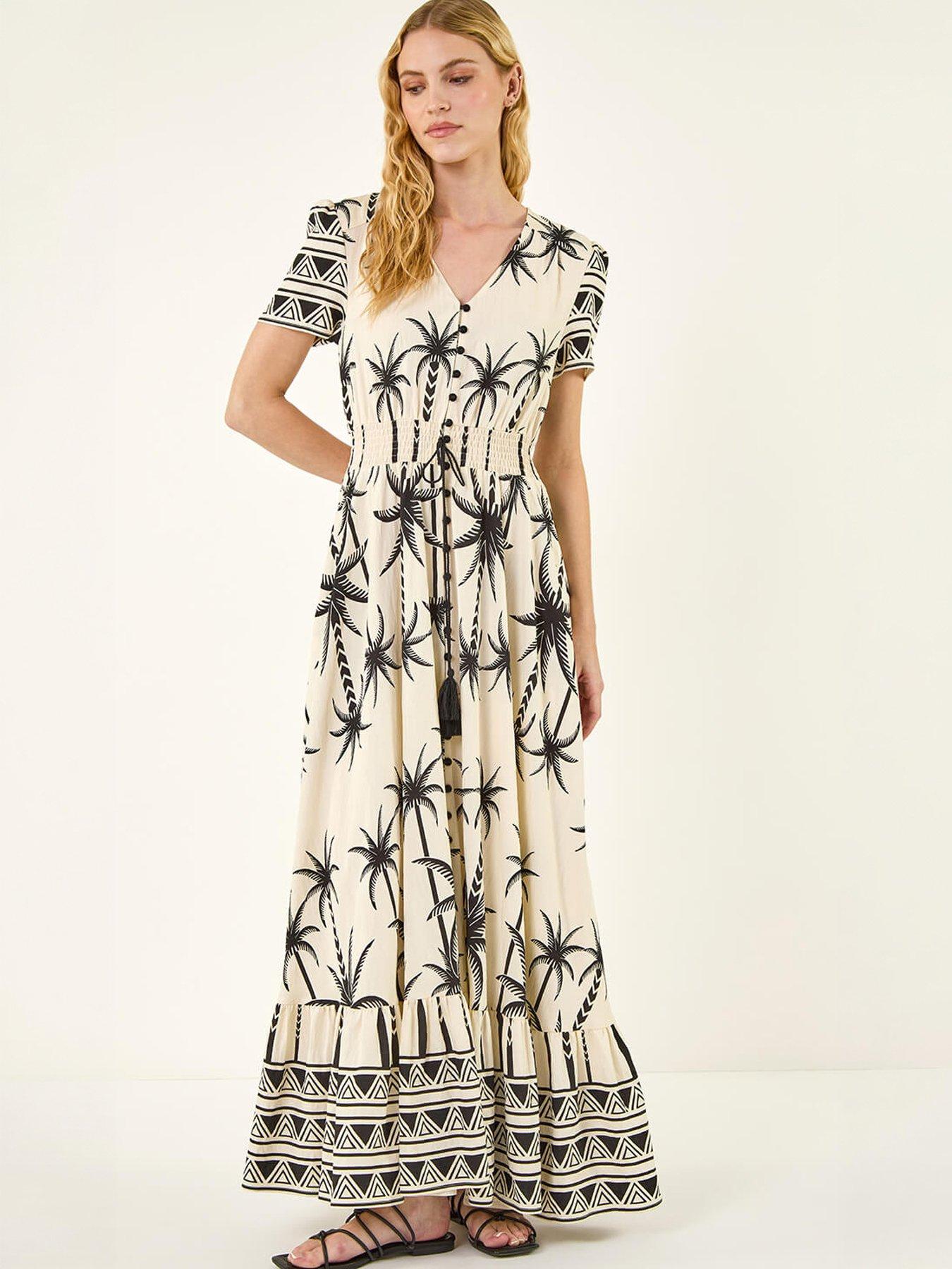 Image 1 of 5 of Roman Palm Print Button Tie Maxi Dress