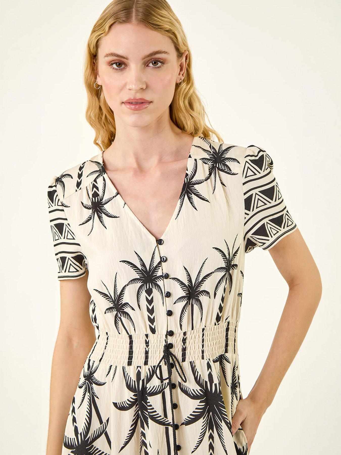 Image 3 of 5 of Roman Palm Print Button Tie Maxi Dress