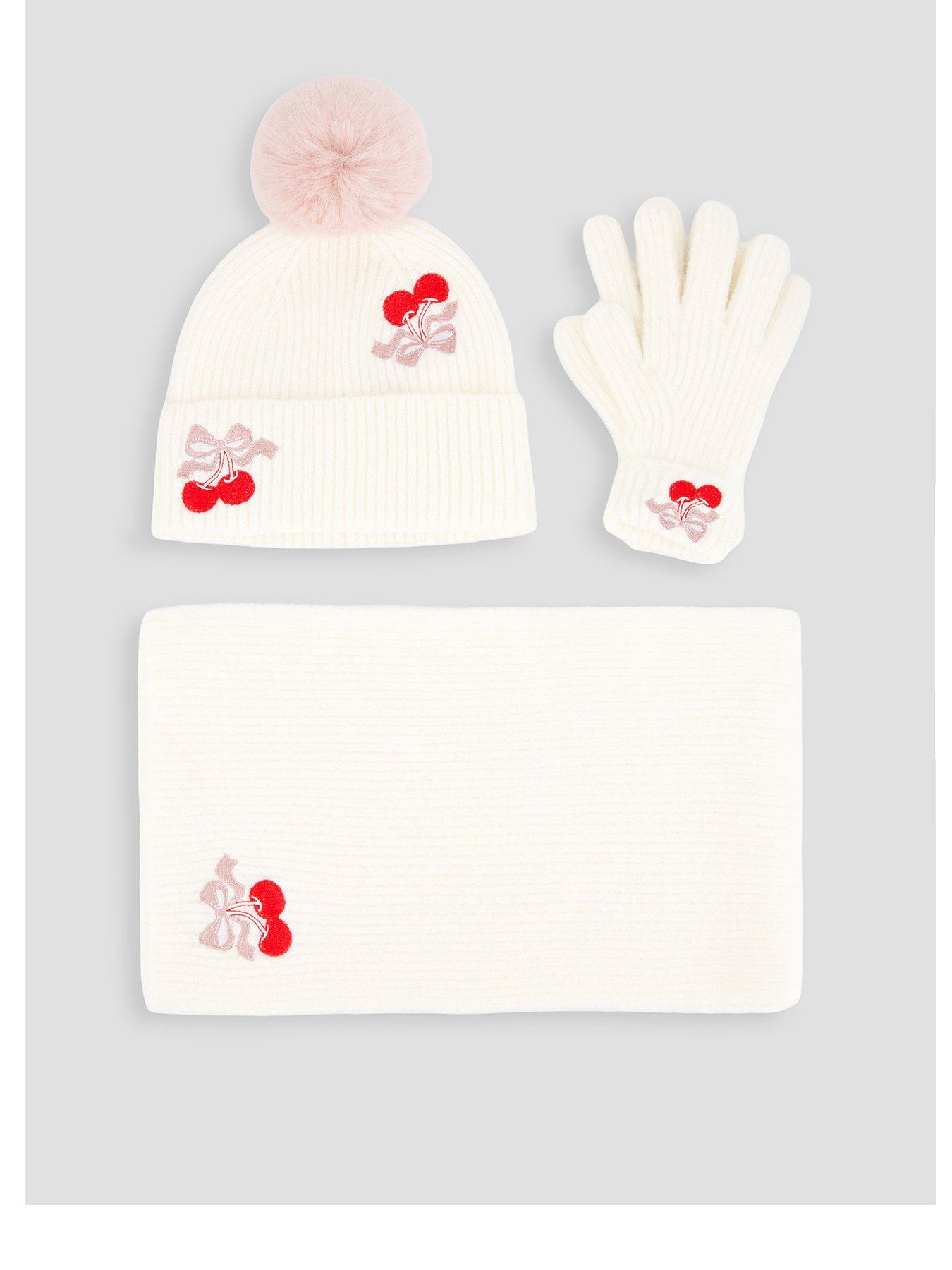 Image 1 of 4 of The Very Collection Girls Cherry Embroidery Hat, Scarf And Glove Set - Cream