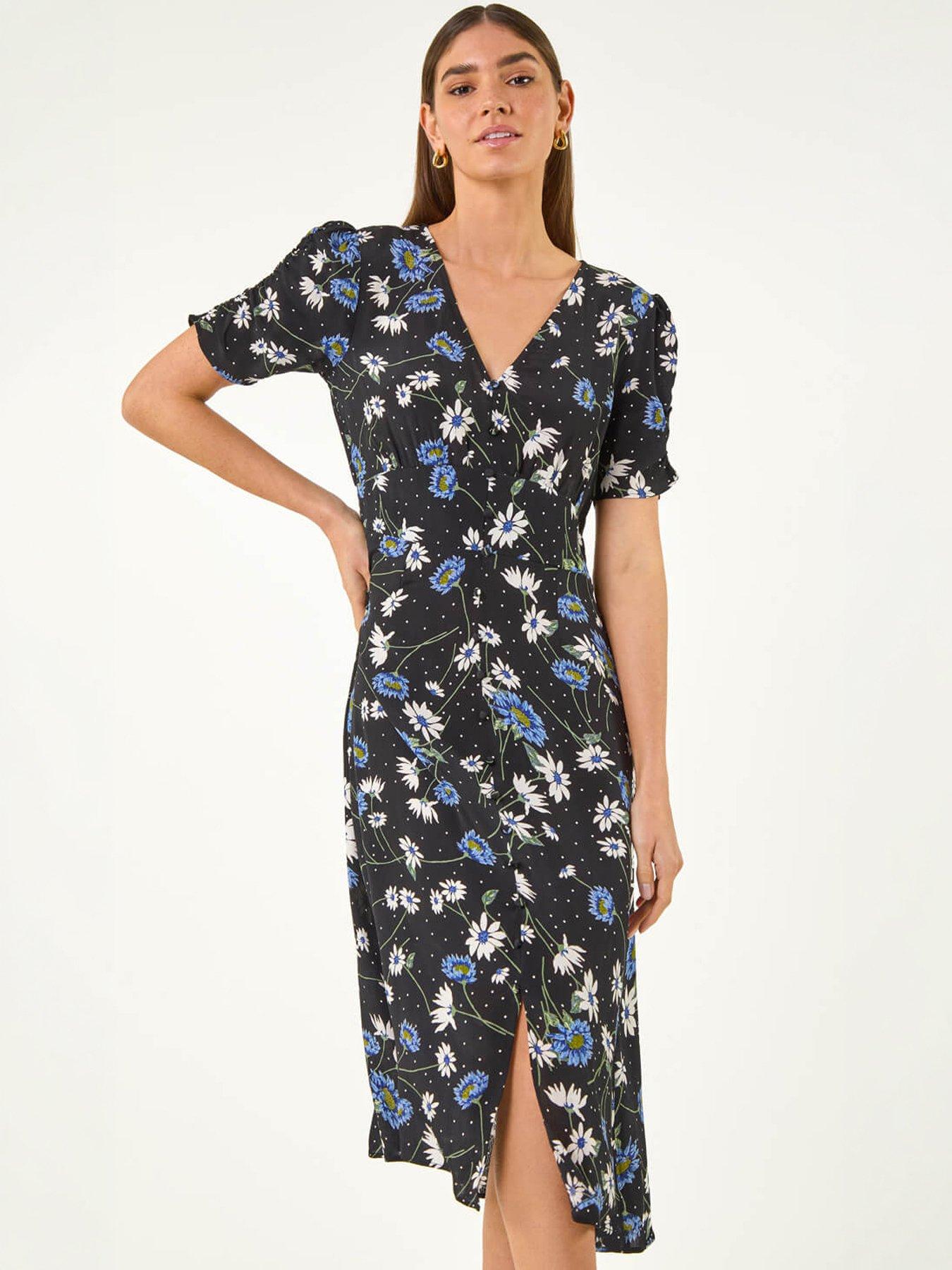 Roman Floral Ruched Sleeve Dress