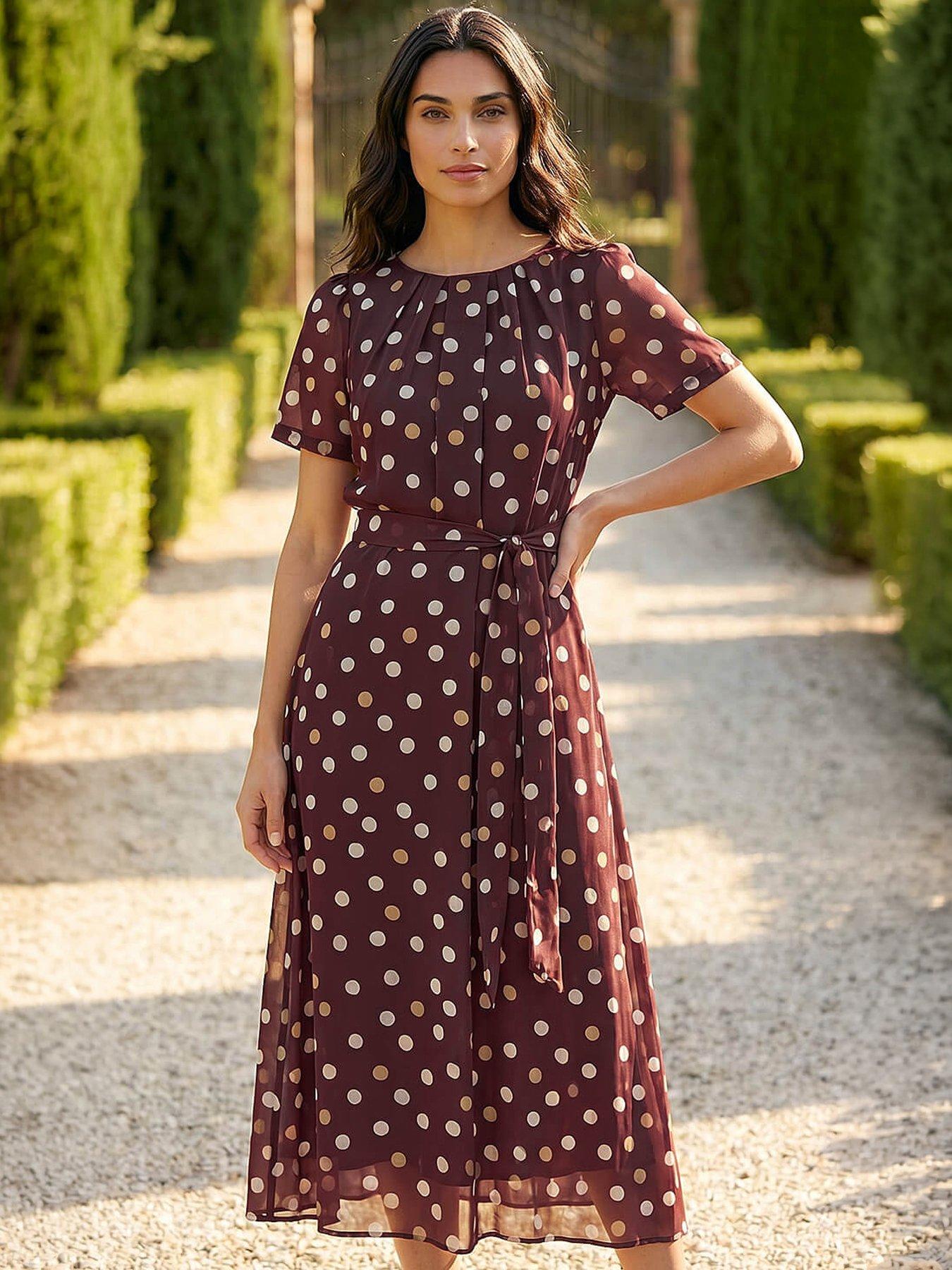 Image 2 of 4 of Roman Polka Dot Pleat Neck Midi Dress
