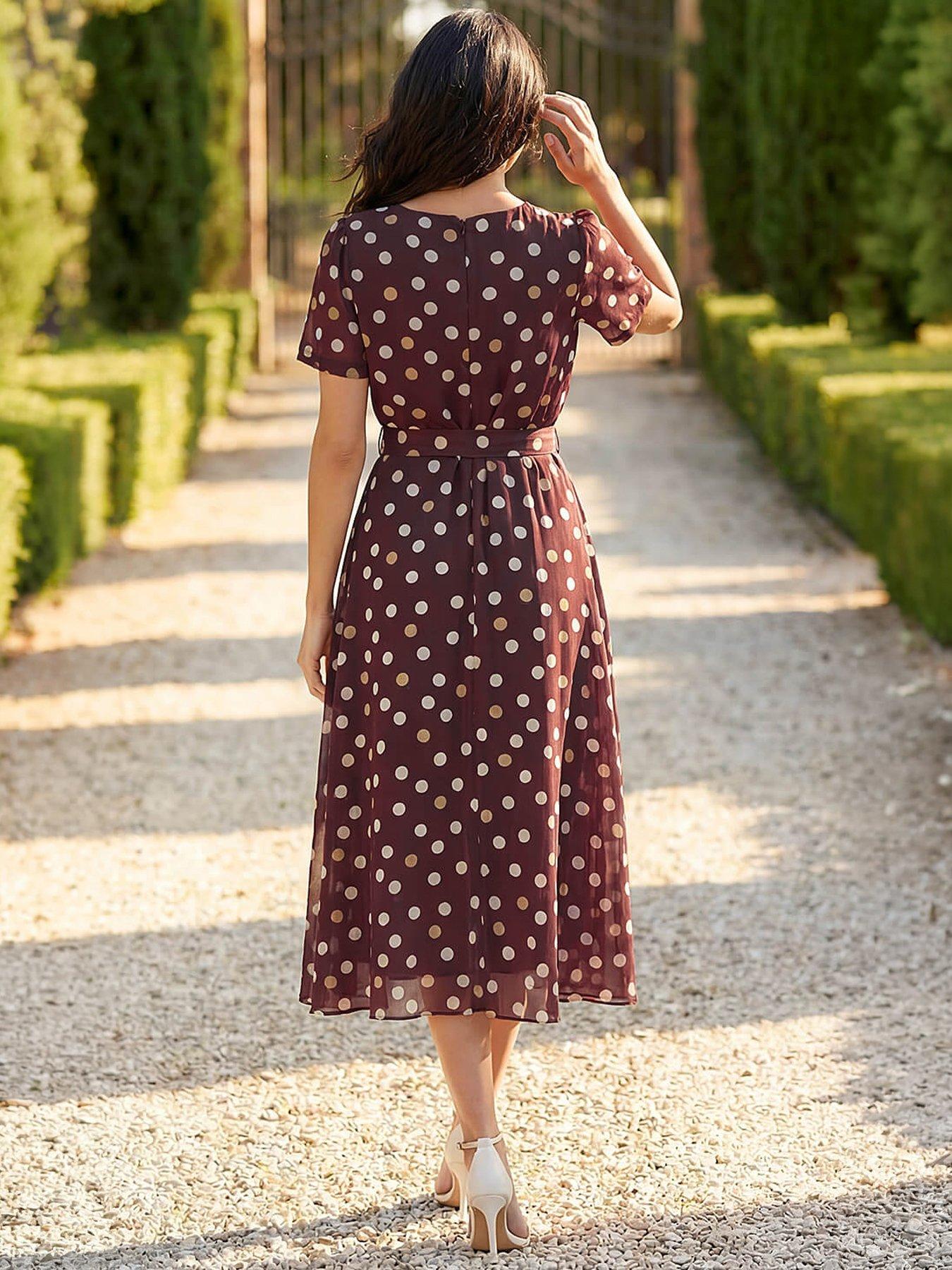 Image 3 of 4 of Roman Polka Dot Pleat Neck Midi Dress