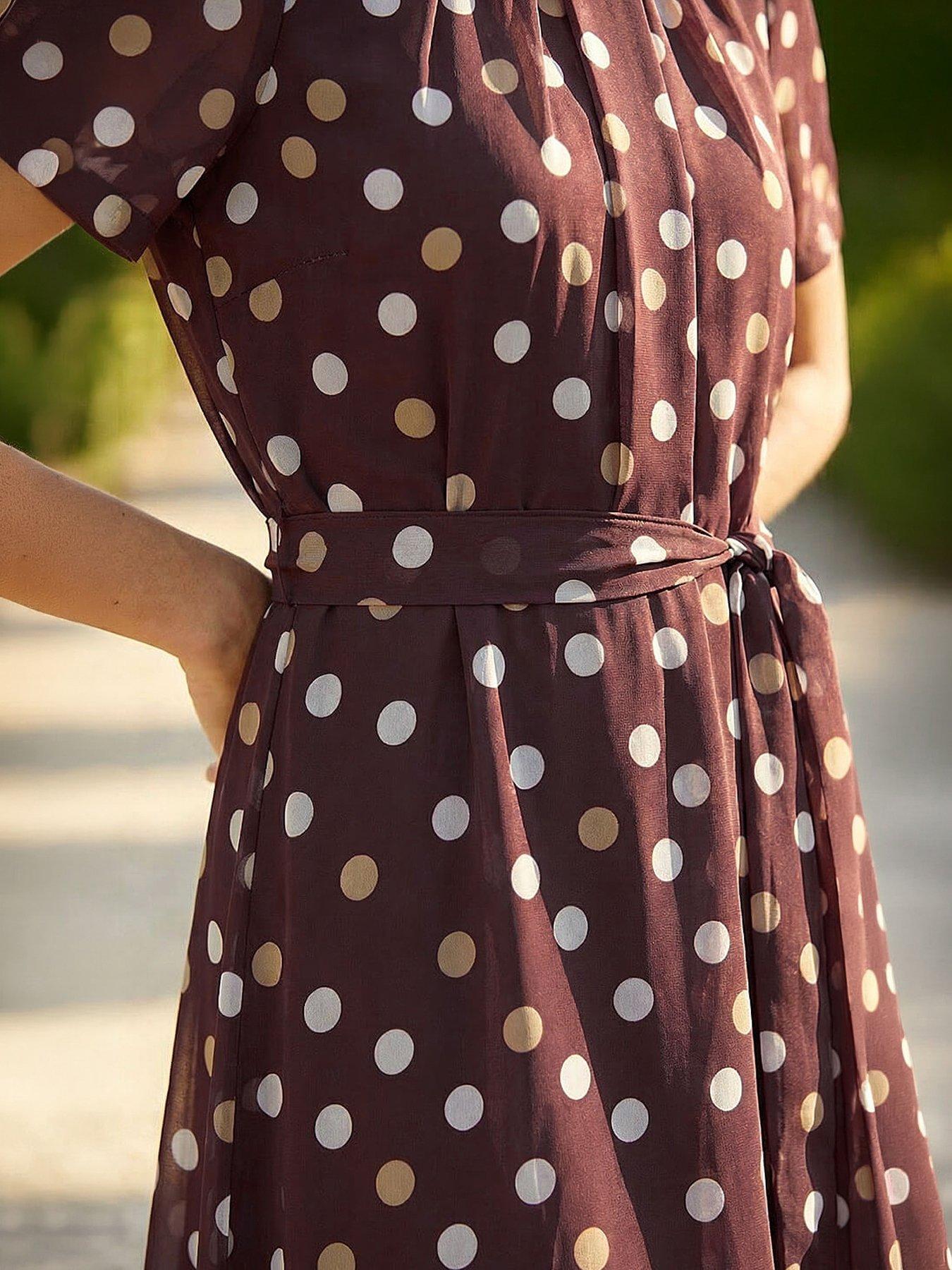 Image 4 of 4 of Roman Polka Dot Pleat Neck Midi Dress
