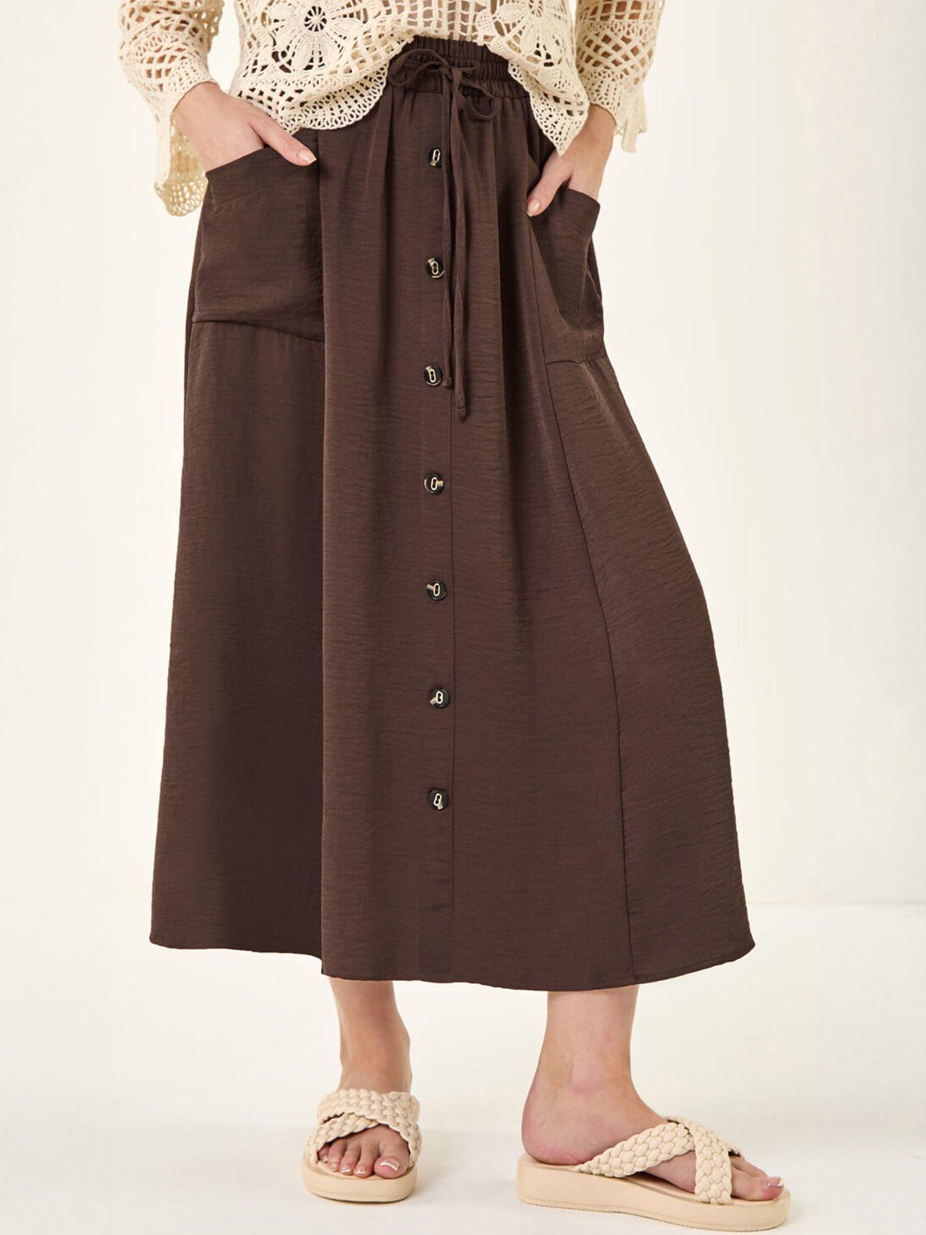Roman Button Front Tie Midi Skirt