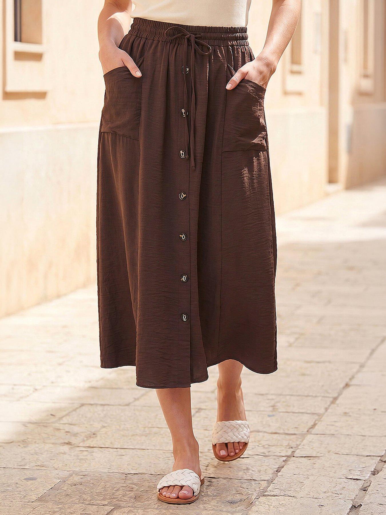 Roman Button Front Tie Midi Skirt