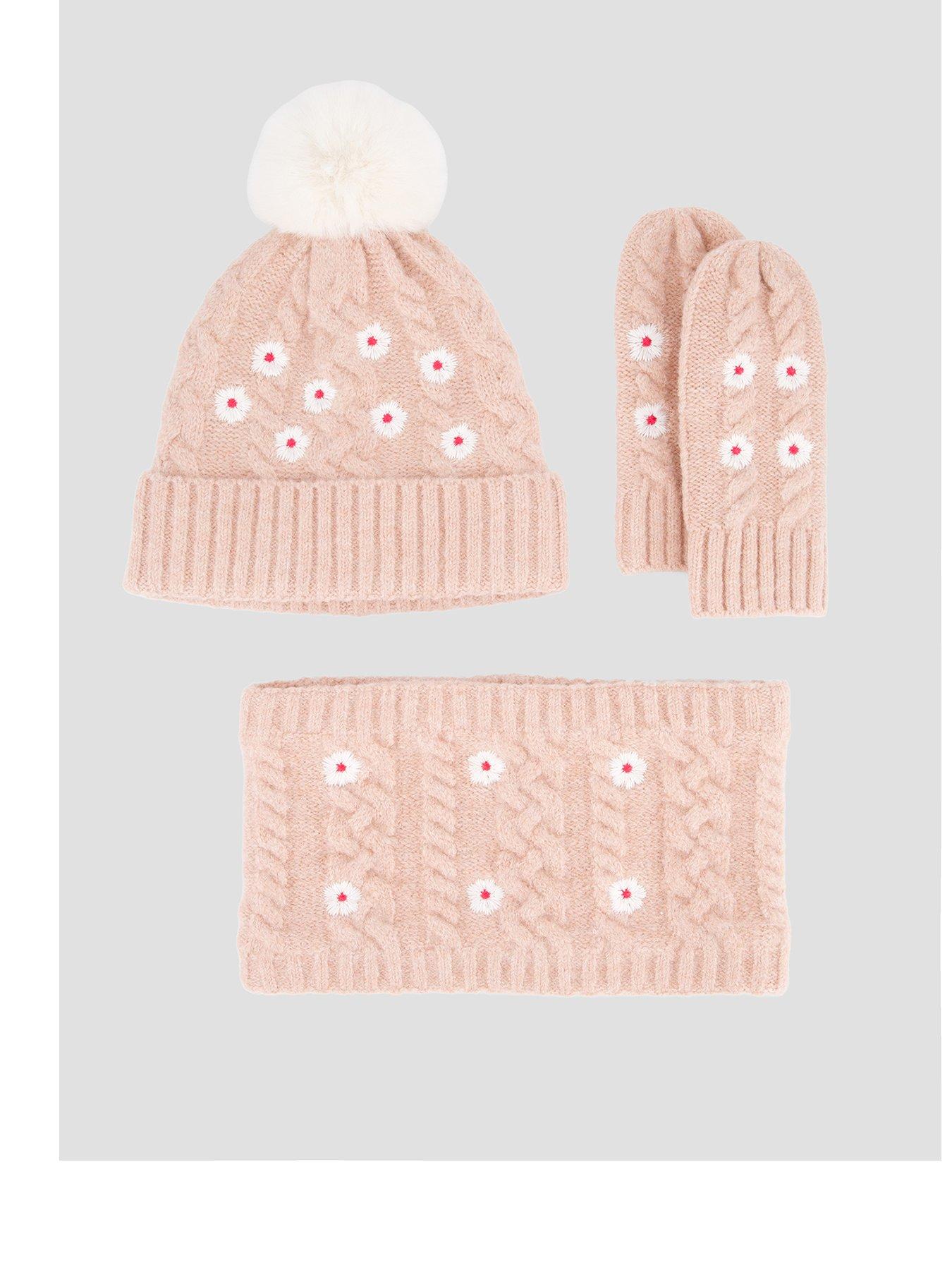 Image 1 of 4 of The Very Collection Girls Embroidered 3 Piece Hat Set (1 Years - 5 Years) - Pink