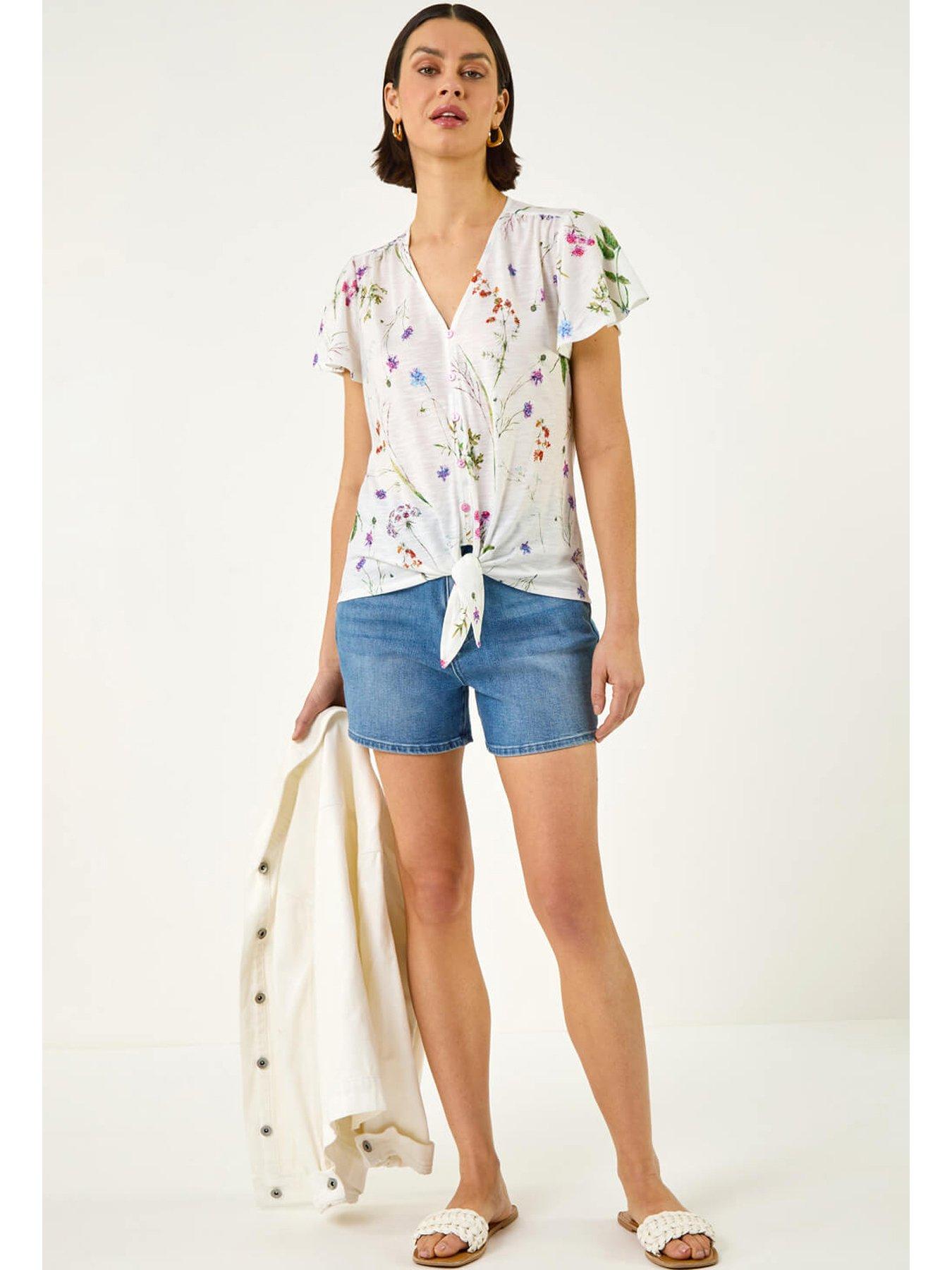 Roman Floral Print Tie Front Top