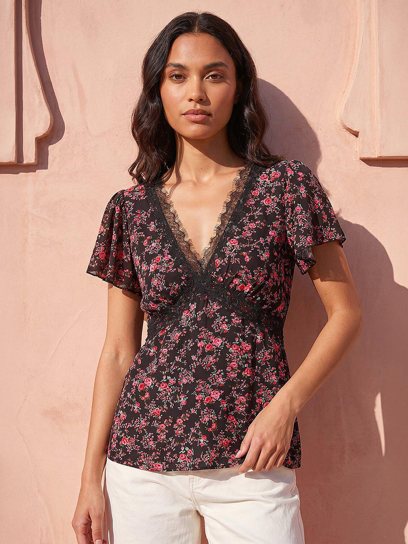 Roman Floral Print Lace Detail Top