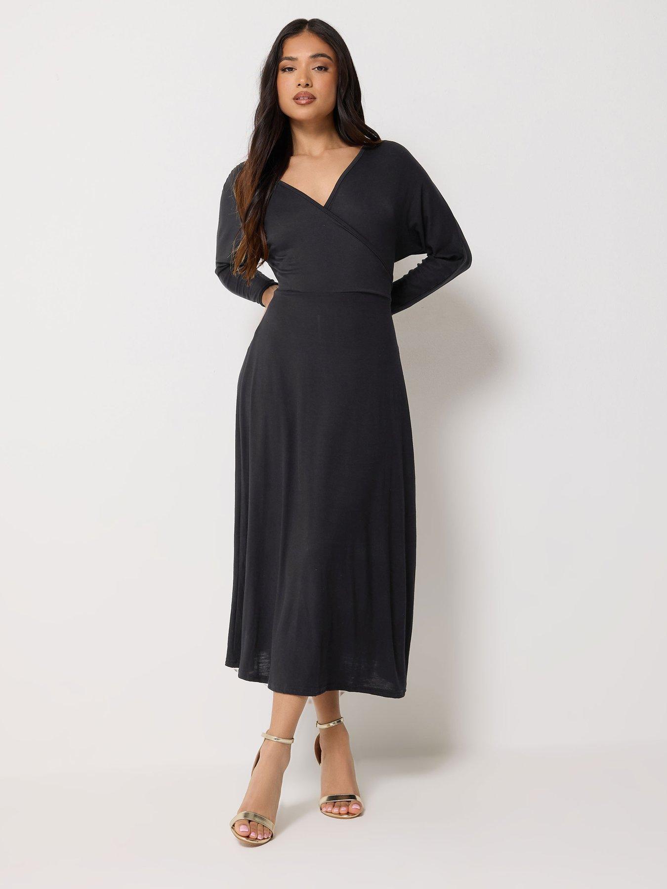 Image 1 of 5 of PixieGirl Petite 3/4 Wrap Midi Dress - Black