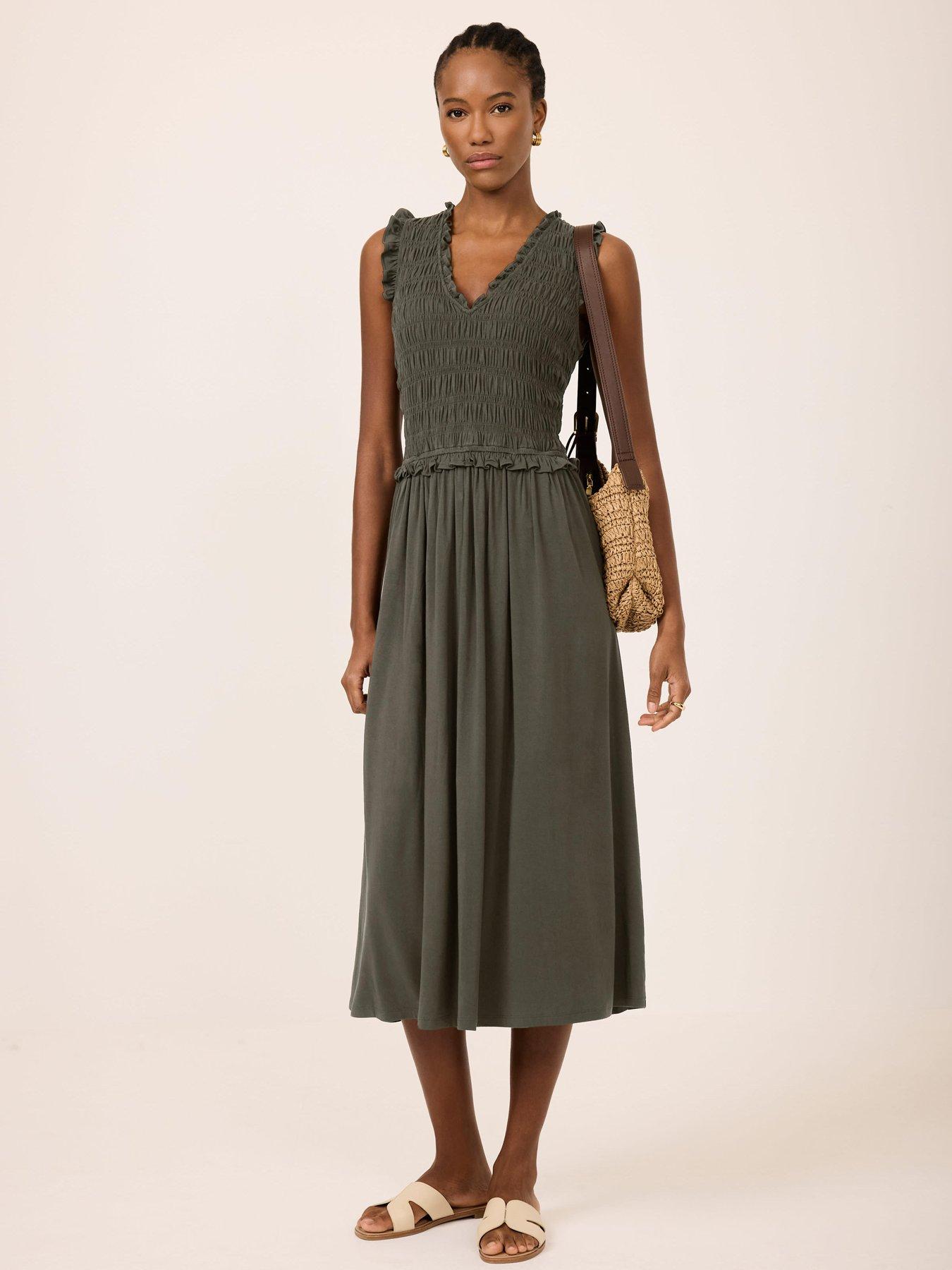 Image 1 of 6 of Mint Velvet Khaki Ruffle Jersey Midi Dress - Green