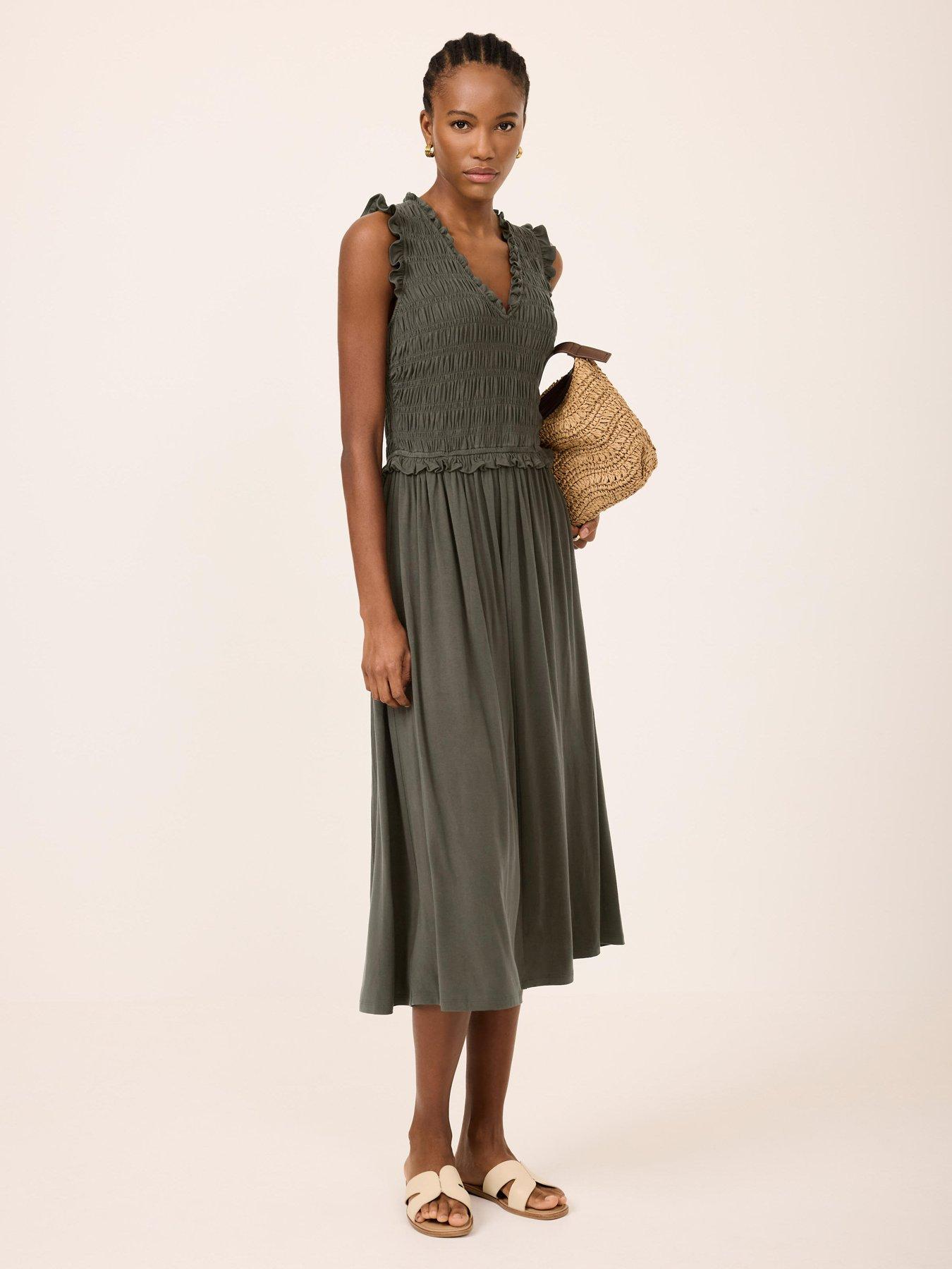 Image 2 of 6 of Mint Velvet Khaki Ruffle Jersey Midi Dress - Green