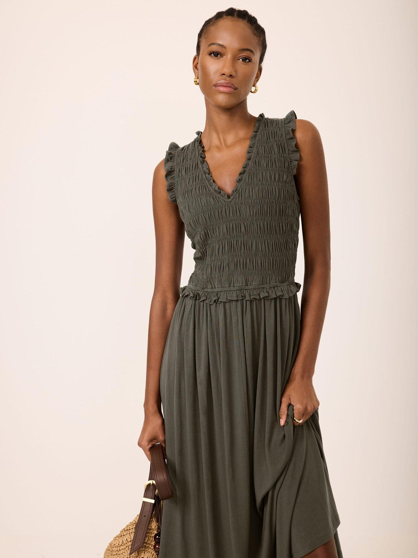 Image 3 of 6 of Mint Velvet Khaki Ruffle Jersey Midi Dress - Green