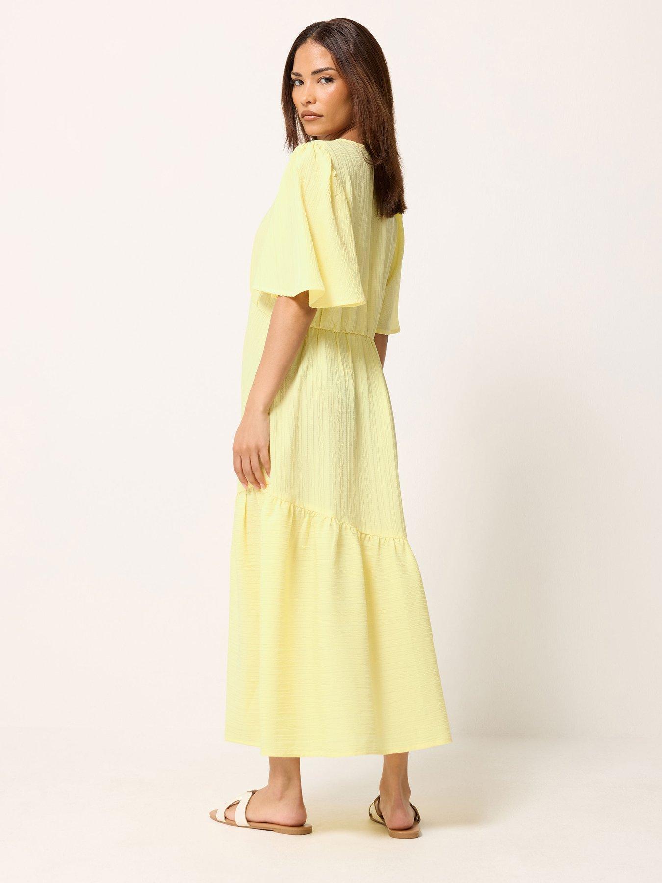 Image 2 of 5 of PixieGirl Petite Textured Asymmetric Midi Dress - Yellow