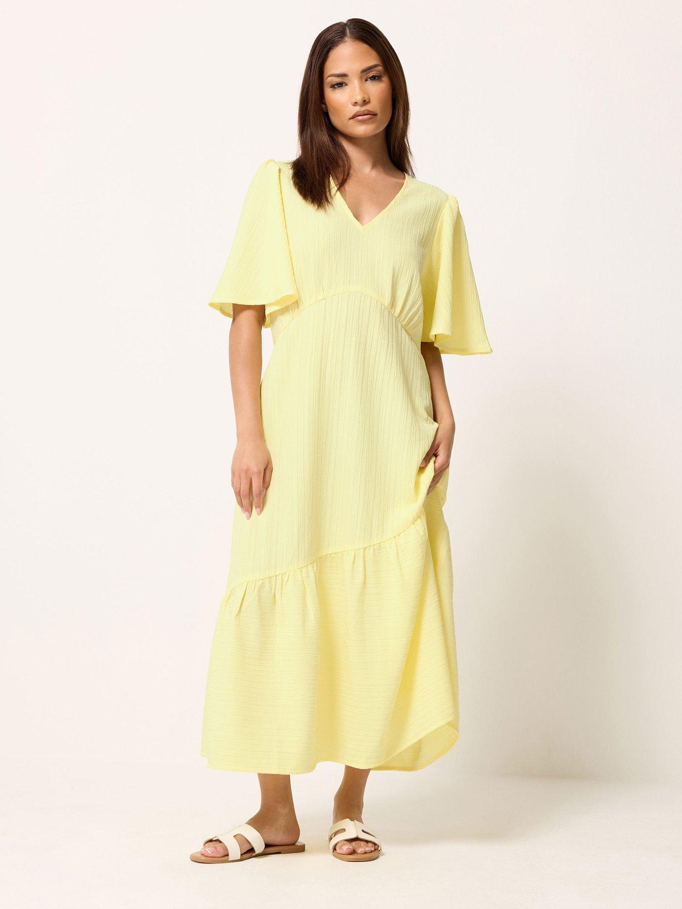 Image 3 of 5 of PixieGirl Petite Textured Asymmetric Midi Dress - Yellow