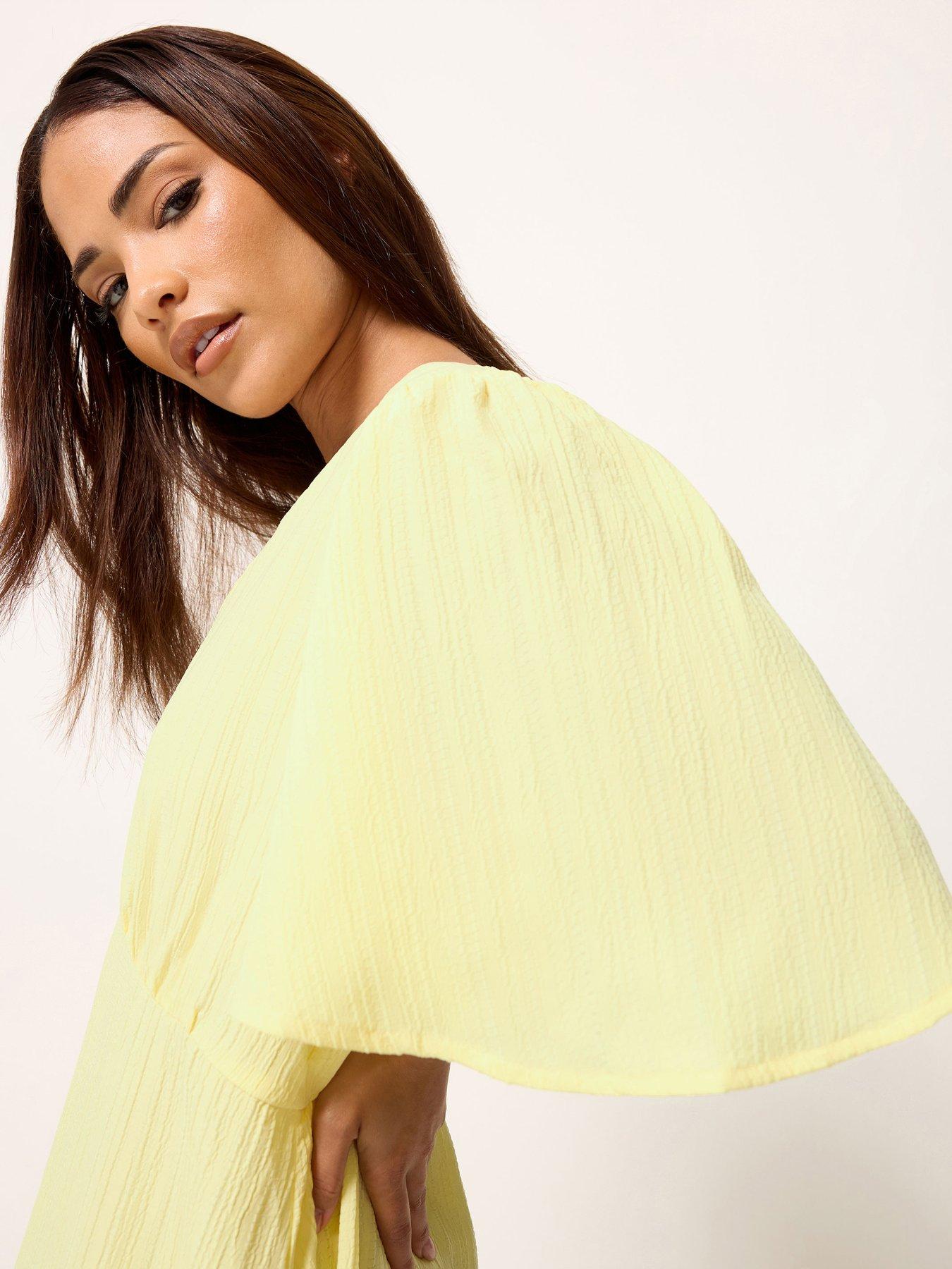 Image 4 of 5 of PixieGirl Petite Textured Asymmetric Midi Dress - Yellow